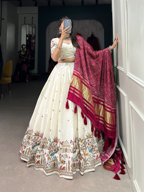 Wedding Wear White Color Khadi Cotton Sequins And Thread Embroidery Work Designer Lehenga Choli With Marron Dupatta