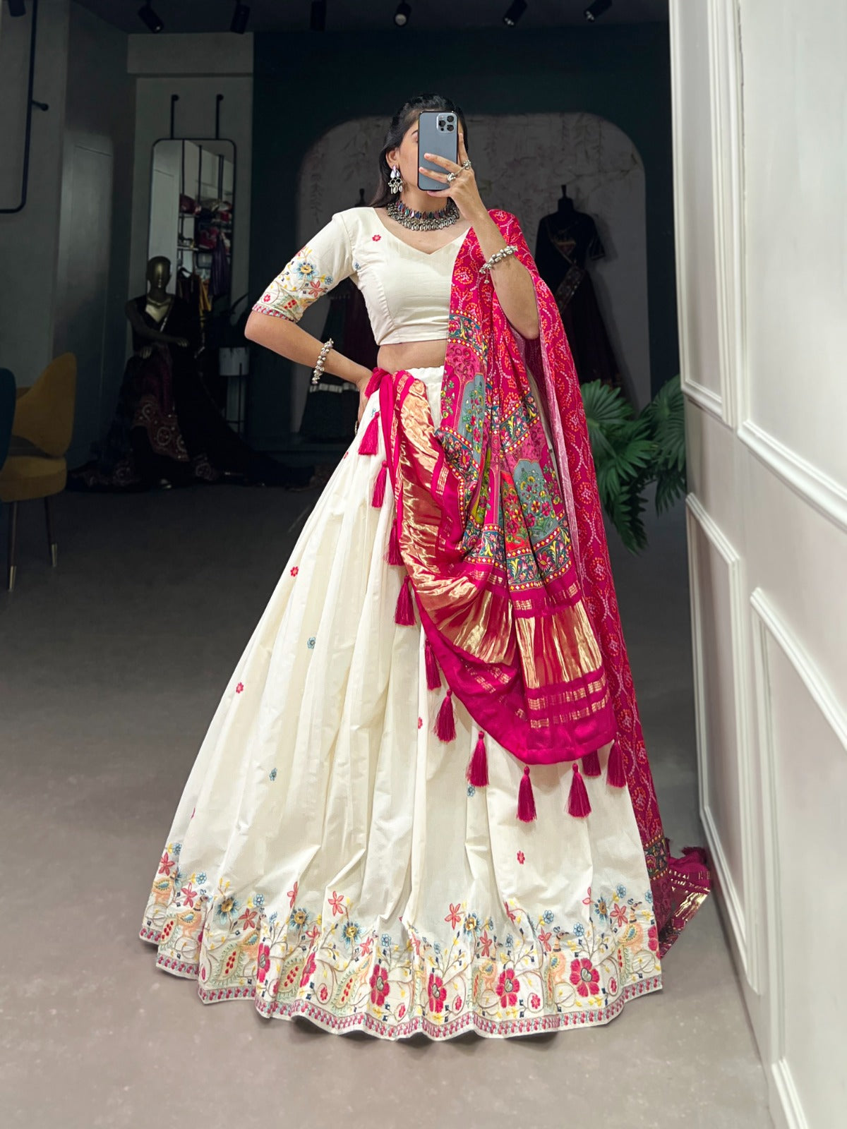 Garba Special Wear White Color Khadi Cotton Sequins And Thread Embroidery Work Designer Lehenga Choli With Pink Dupatta