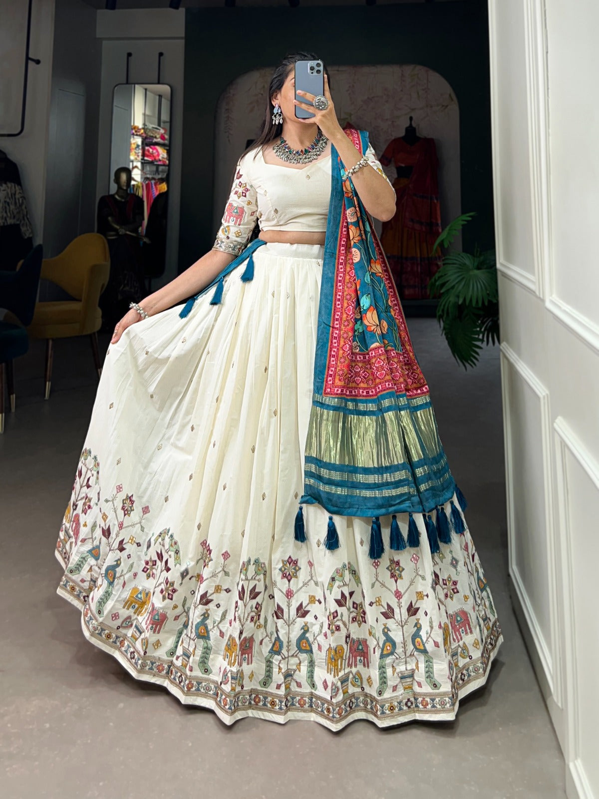 Traditional Wear White Color Khadi Cotton Sequins And Thread Embroidery Work Designer Lehenga Choli With Teal Dupatta