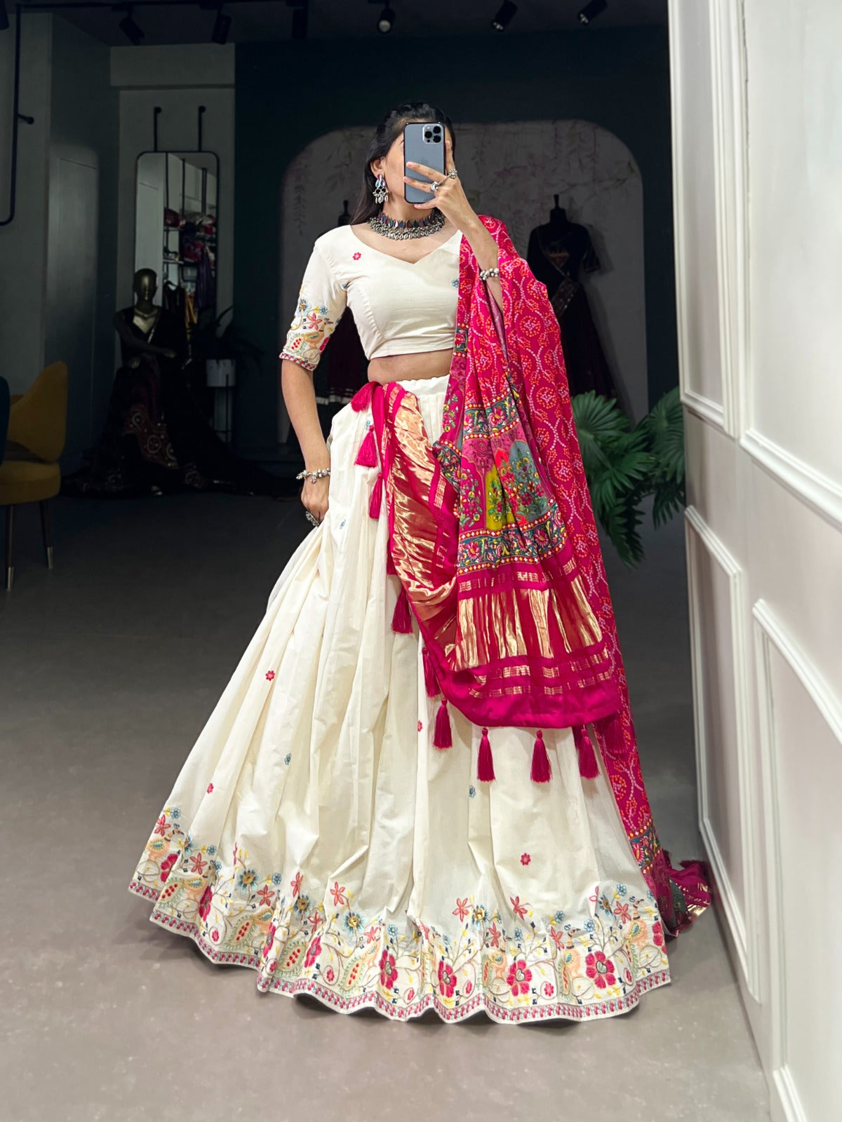 Garba Special Wear White Color Khadi Cotton Sequins And Thread Embroidery Work Designer Lehenga Choli With Pink Dupatta