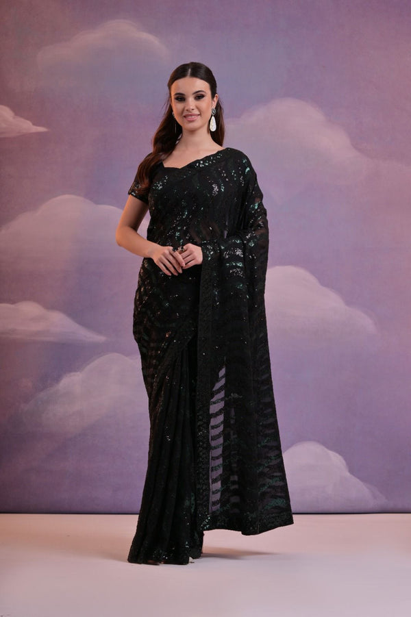 Party Wear Black Color Beautiful Dual Sequence Embroidery Work Soft Georgette Saree