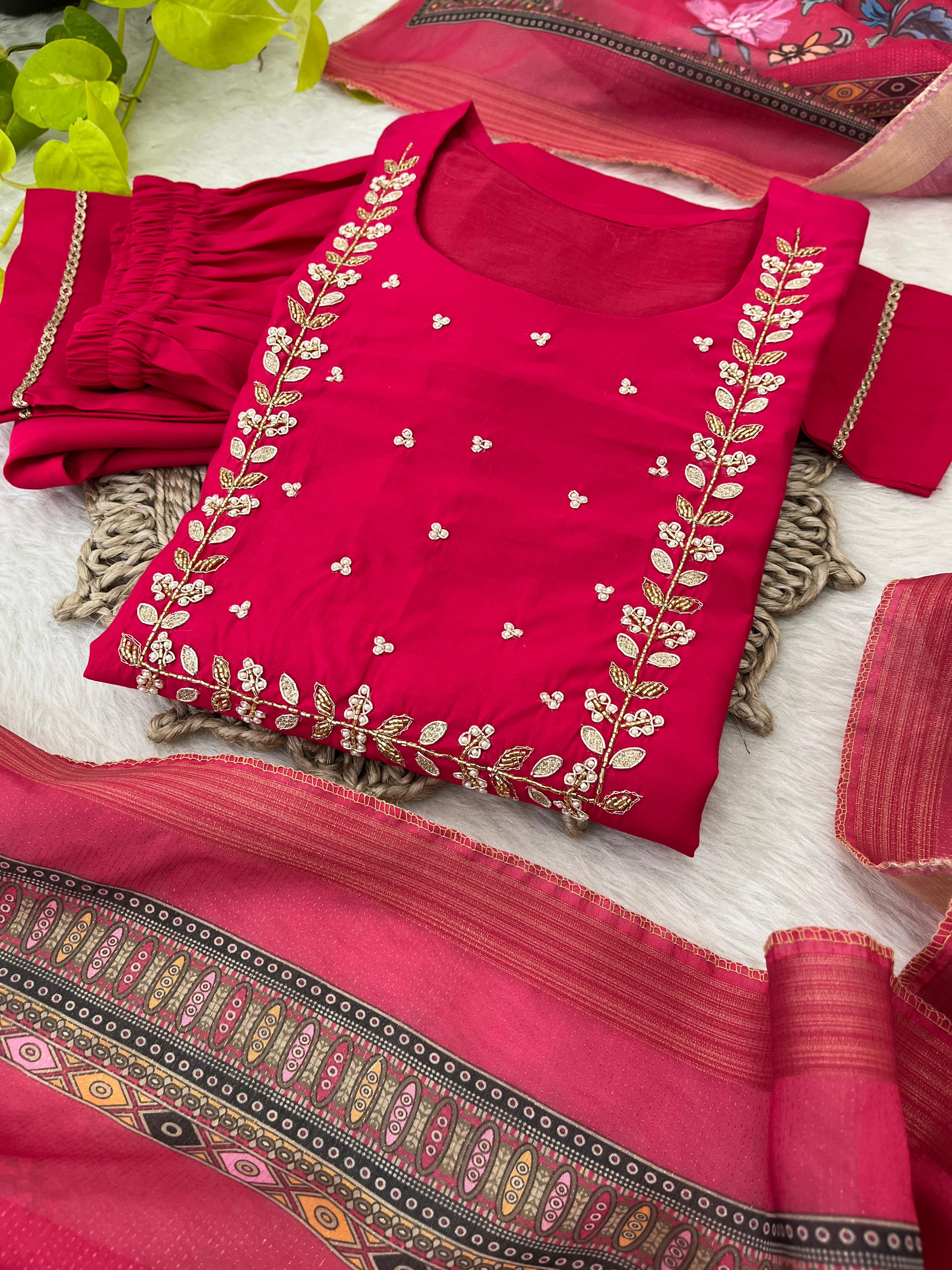 Party Wear Red Color Roman Silk Soft Fabric With Handwork Neck Designer Kurti Pent Suit