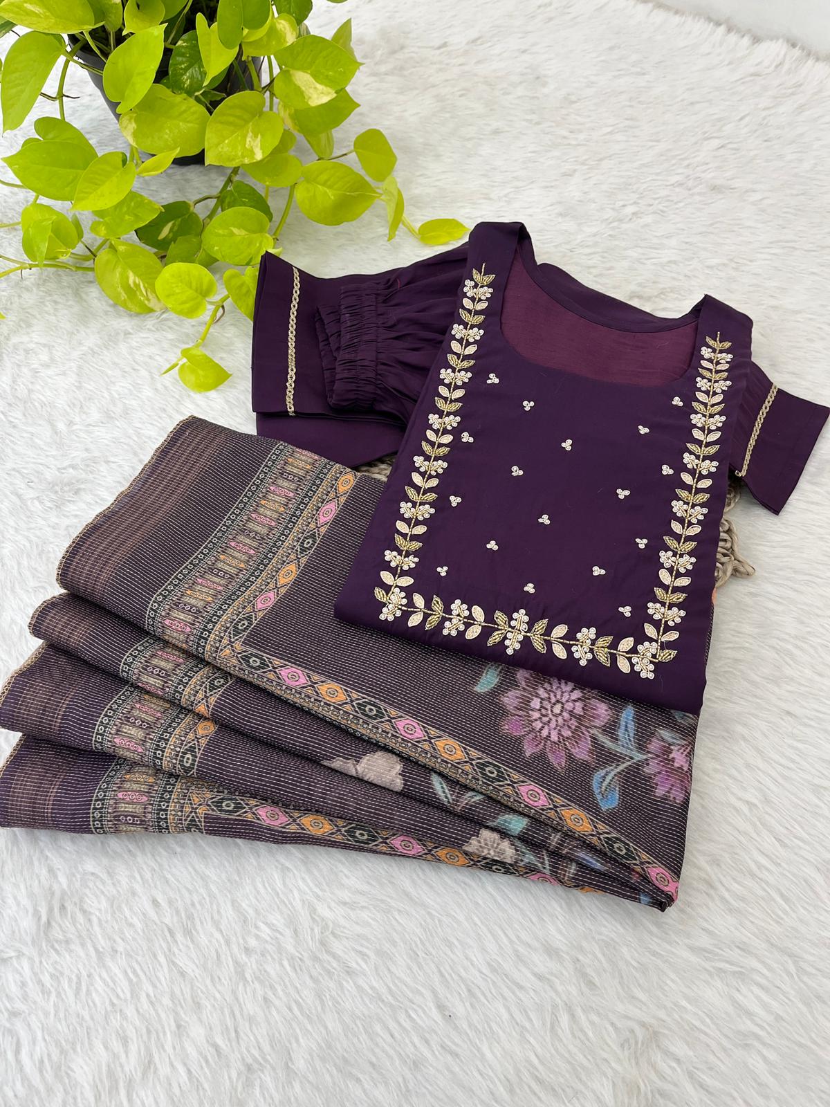 Party Wear Wine Color Roman Silk Soft Fabric With Handwork Neck Designer Kurti Pent Suit