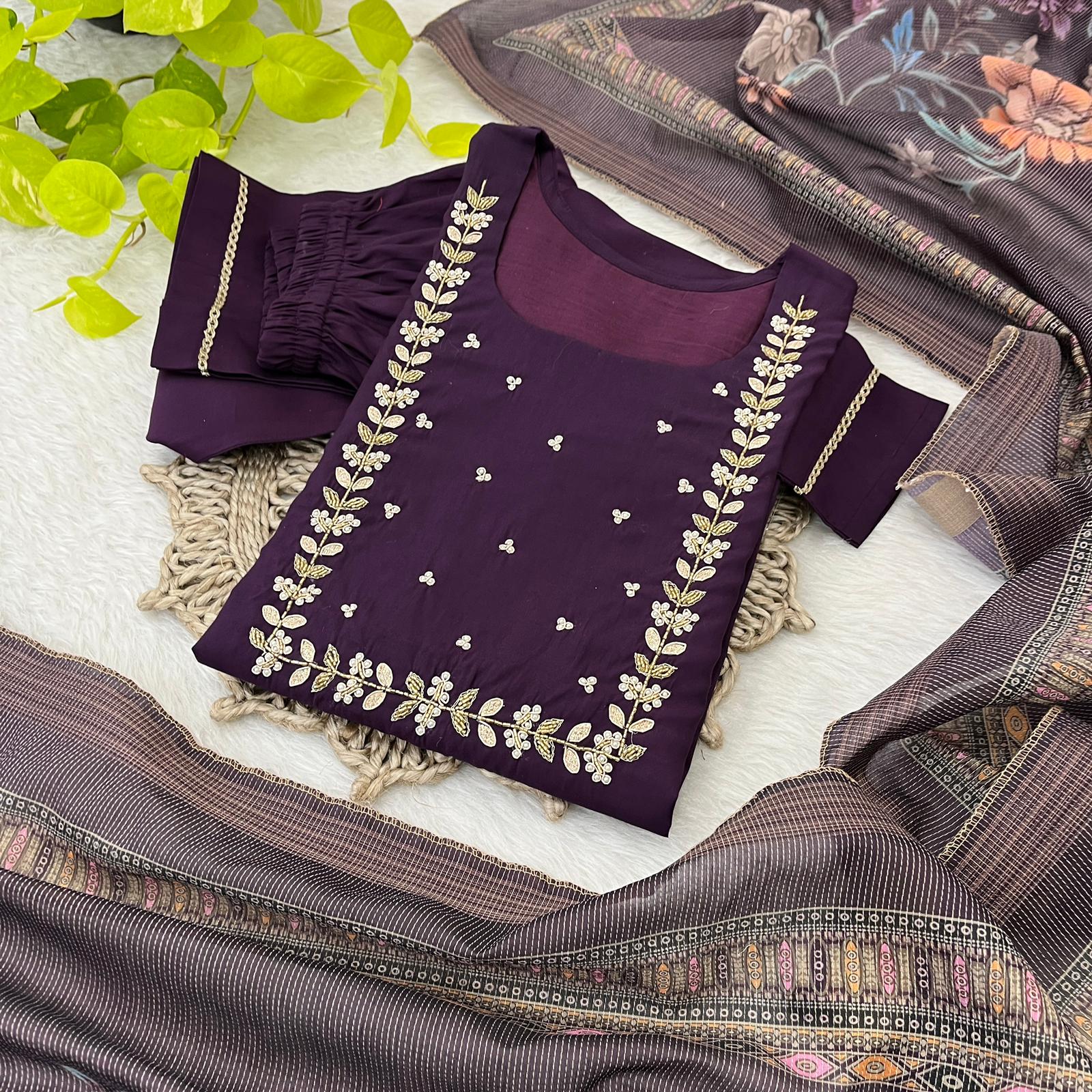 Party Wear Wine Color Roman Silk Soft Fabric With Handwork Neck Designer Kurti Pent Suit