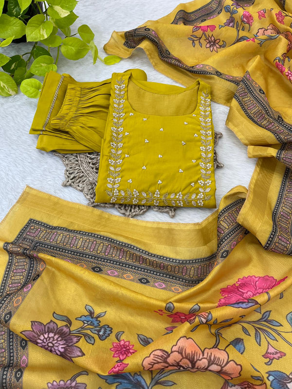 Haldi Wear Yellow Color Roman Silk Soft Fabric With Handwork Neck Designer Kurti Pent Suit