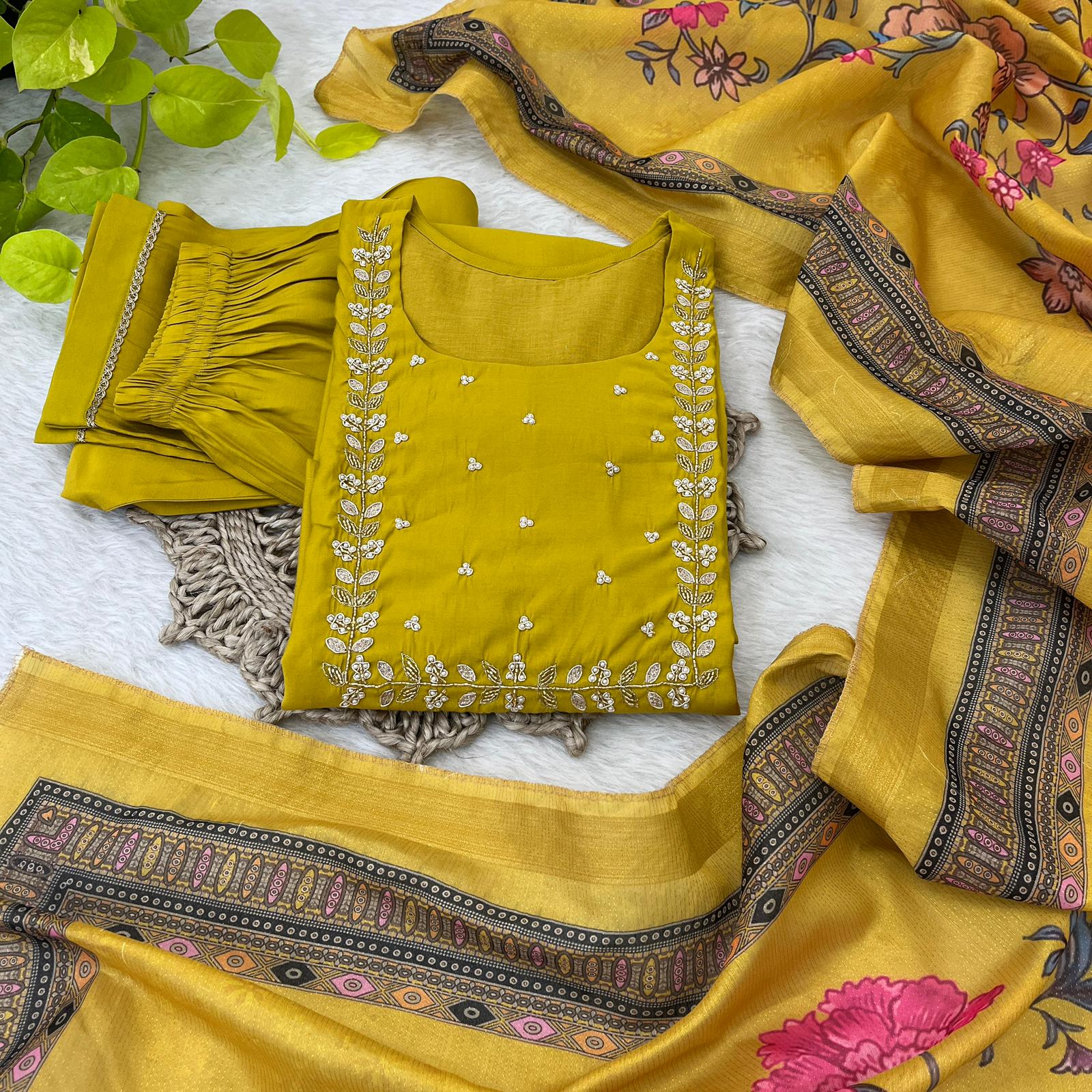 Haldi Wear Yellow Color Roman Silk Soft Fabric With Handwork Neck Designer Kurti Pent Suit