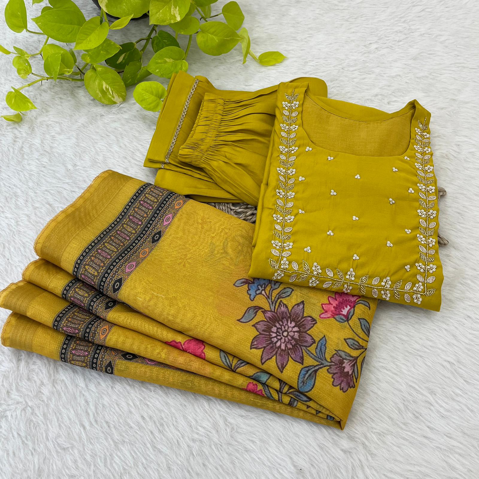 Haldi Wear Yellow Color Roman Silk Soft Fabric With Handwork Neck Designer Kurti Pent Suit