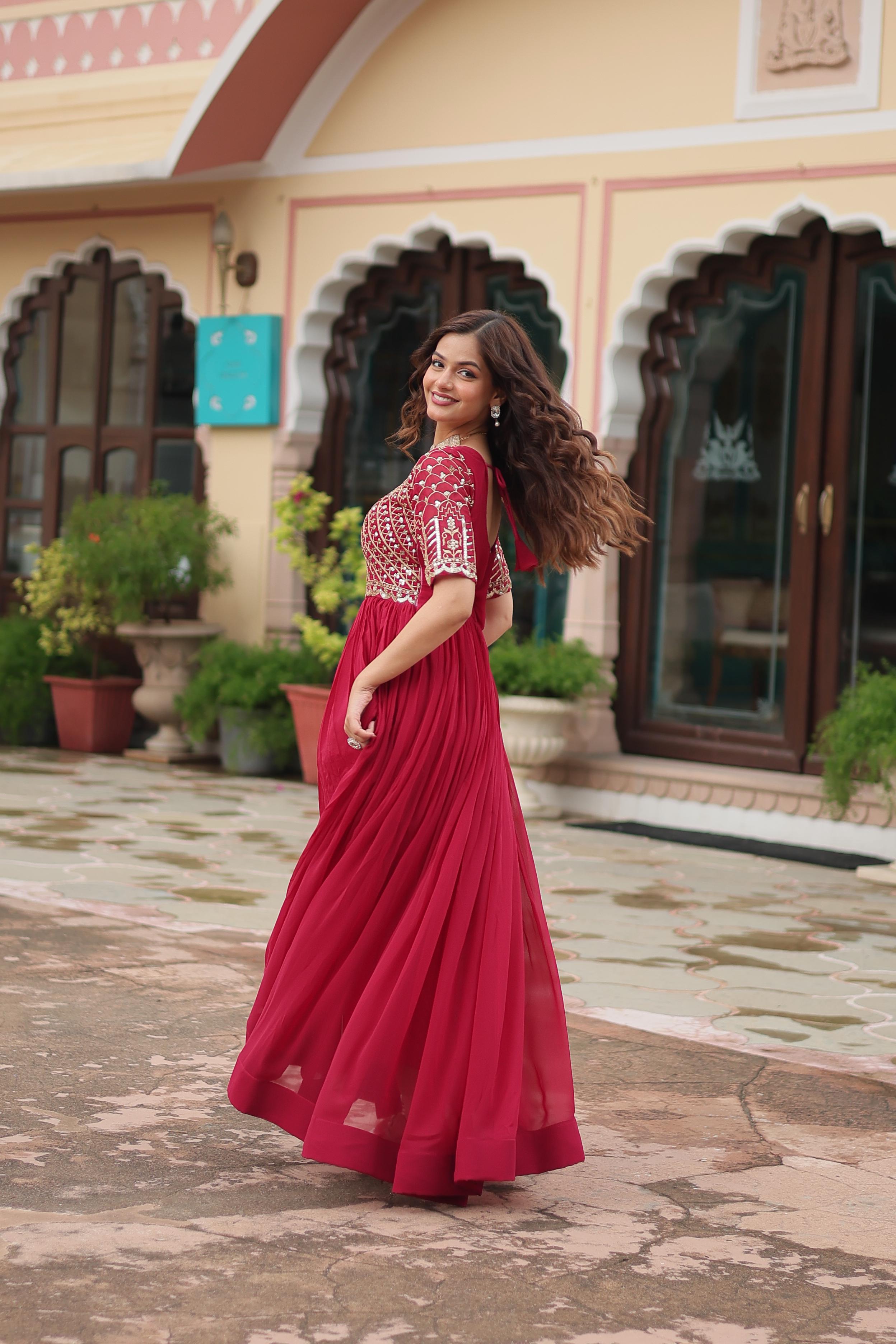 Latest Pink Color Faux Blooming With Embroidery Zari Sequence Work Designer Gown