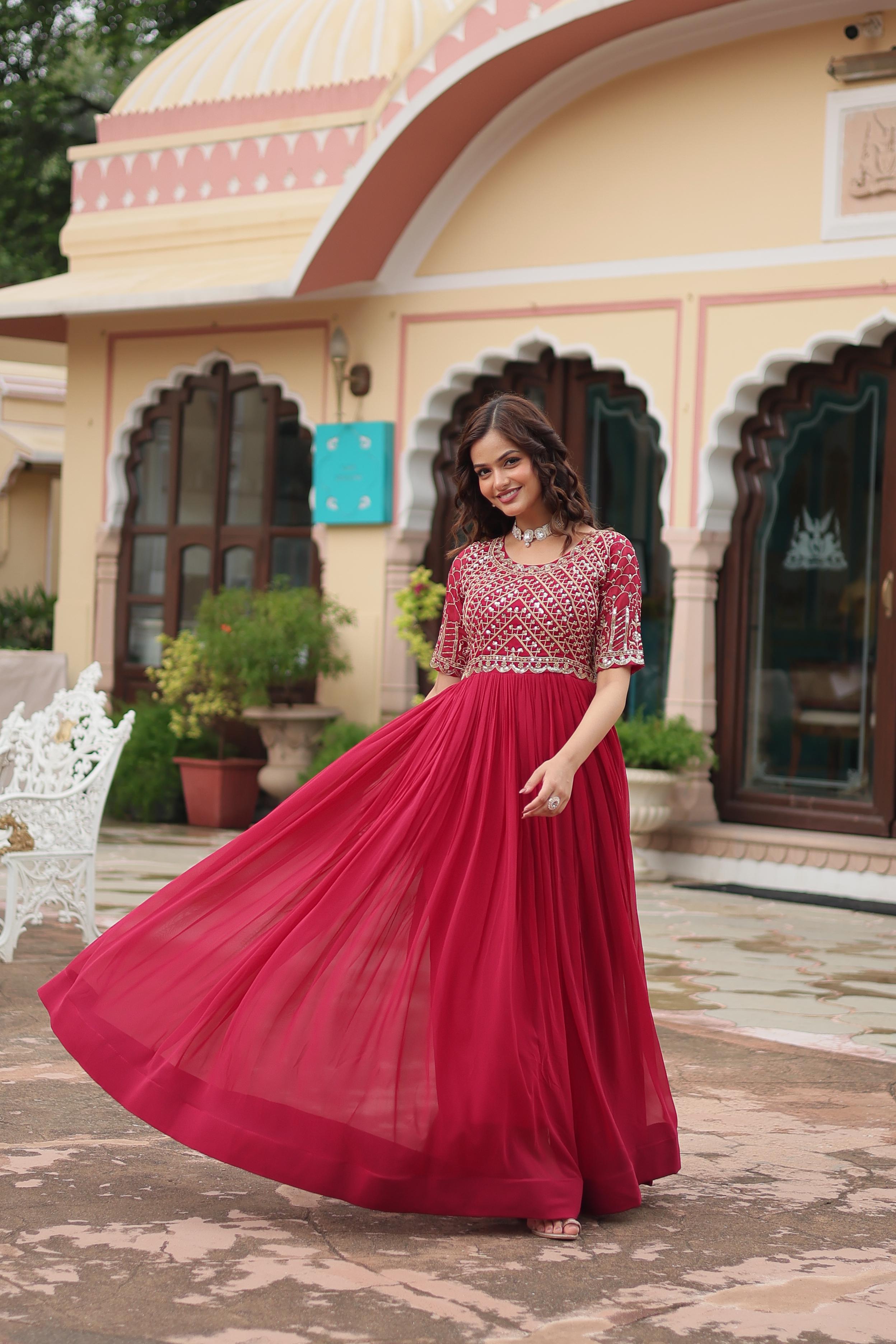 Latest Pink Color Faux Blooming With Embroidery Zari Sequence Work Designer Gown