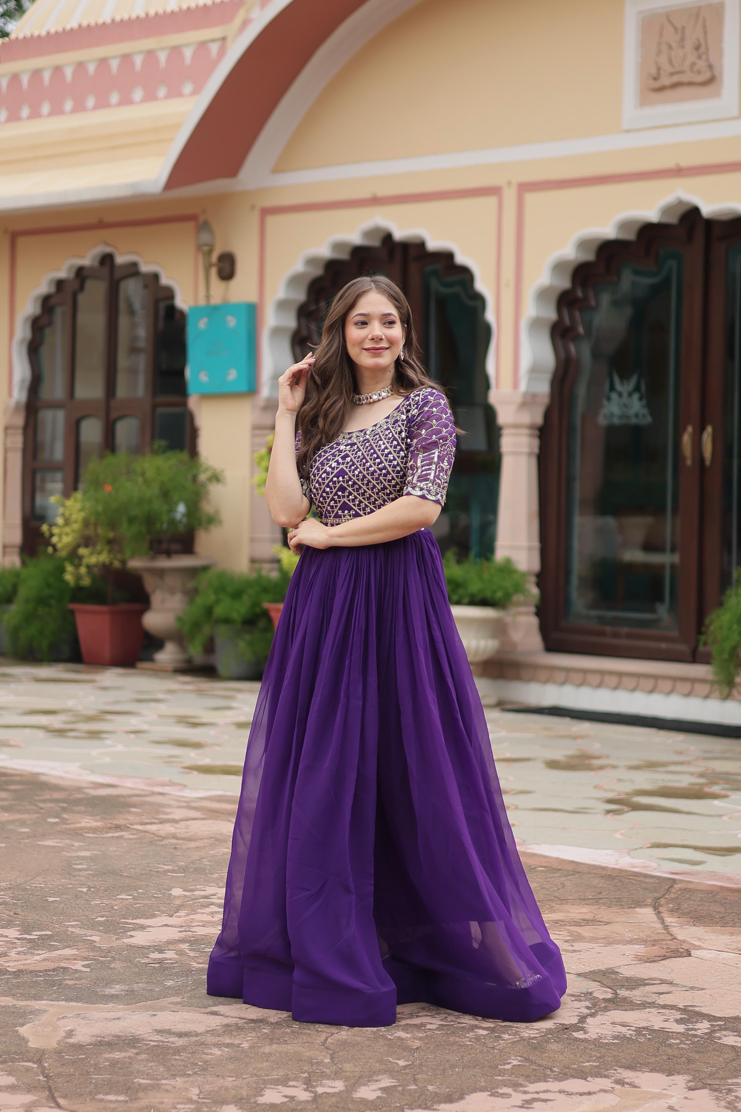 Purple Color Faux Blooming With Embroidery Zari Sequence Work Designer Gown