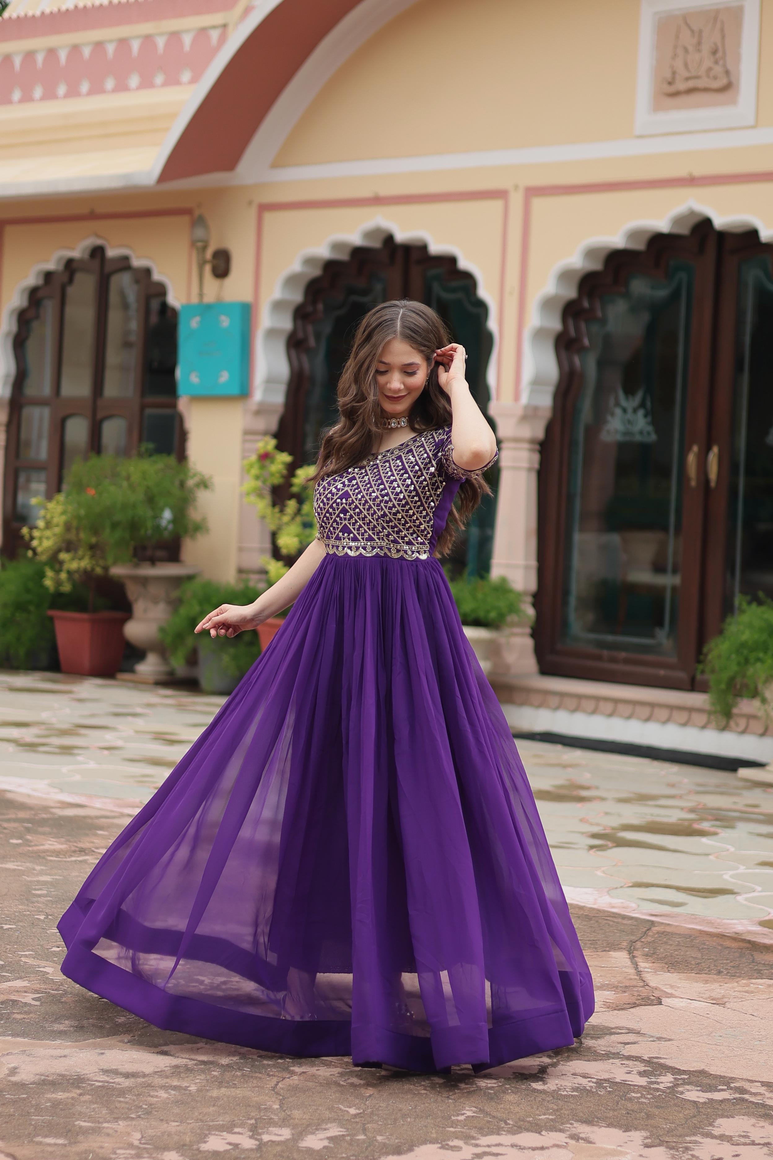 Purple Color Faux Blooming With Embroidery Zari Sequence Work Designer Gown