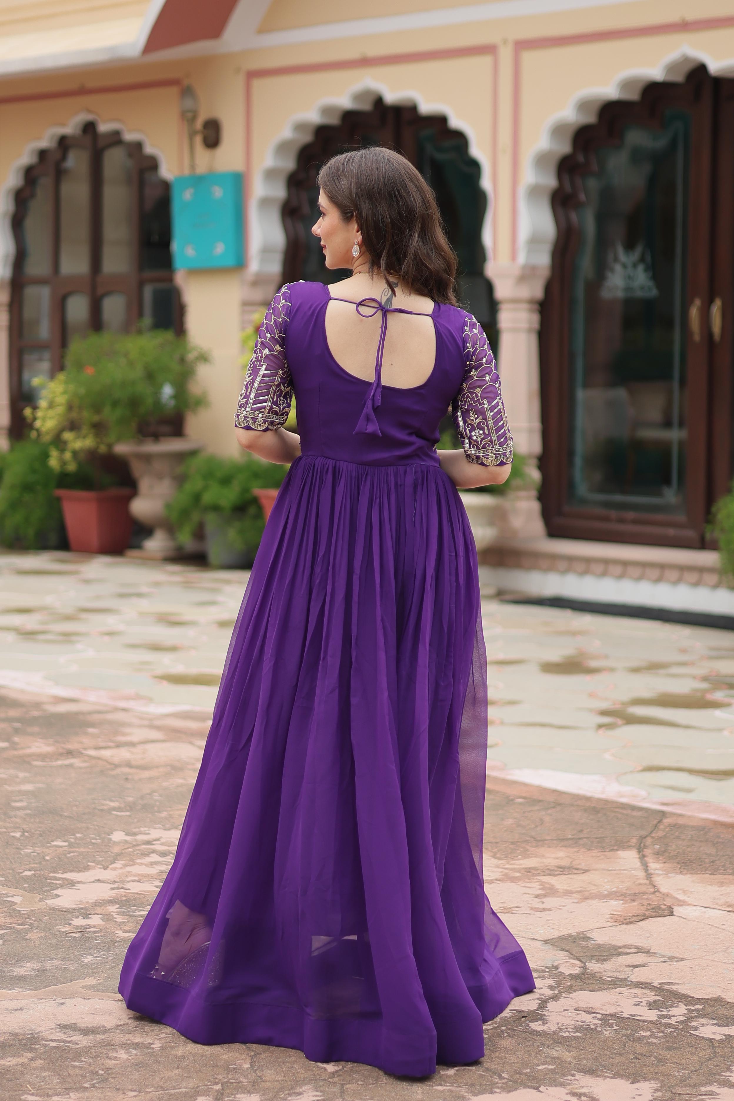 Purple Color Faux Blooming With Embroidery Zari Sequence Work Designer Gown