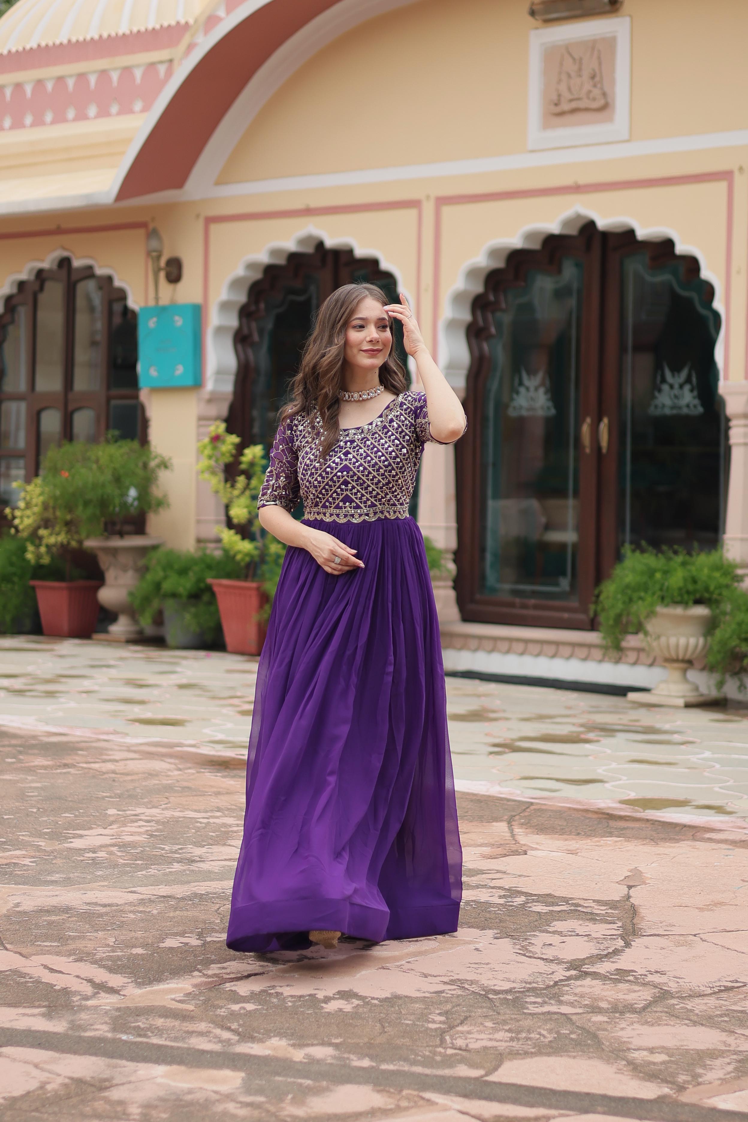 Purple Color Faux Blooming With Embroidery Zari Sequence Work Designer Gown