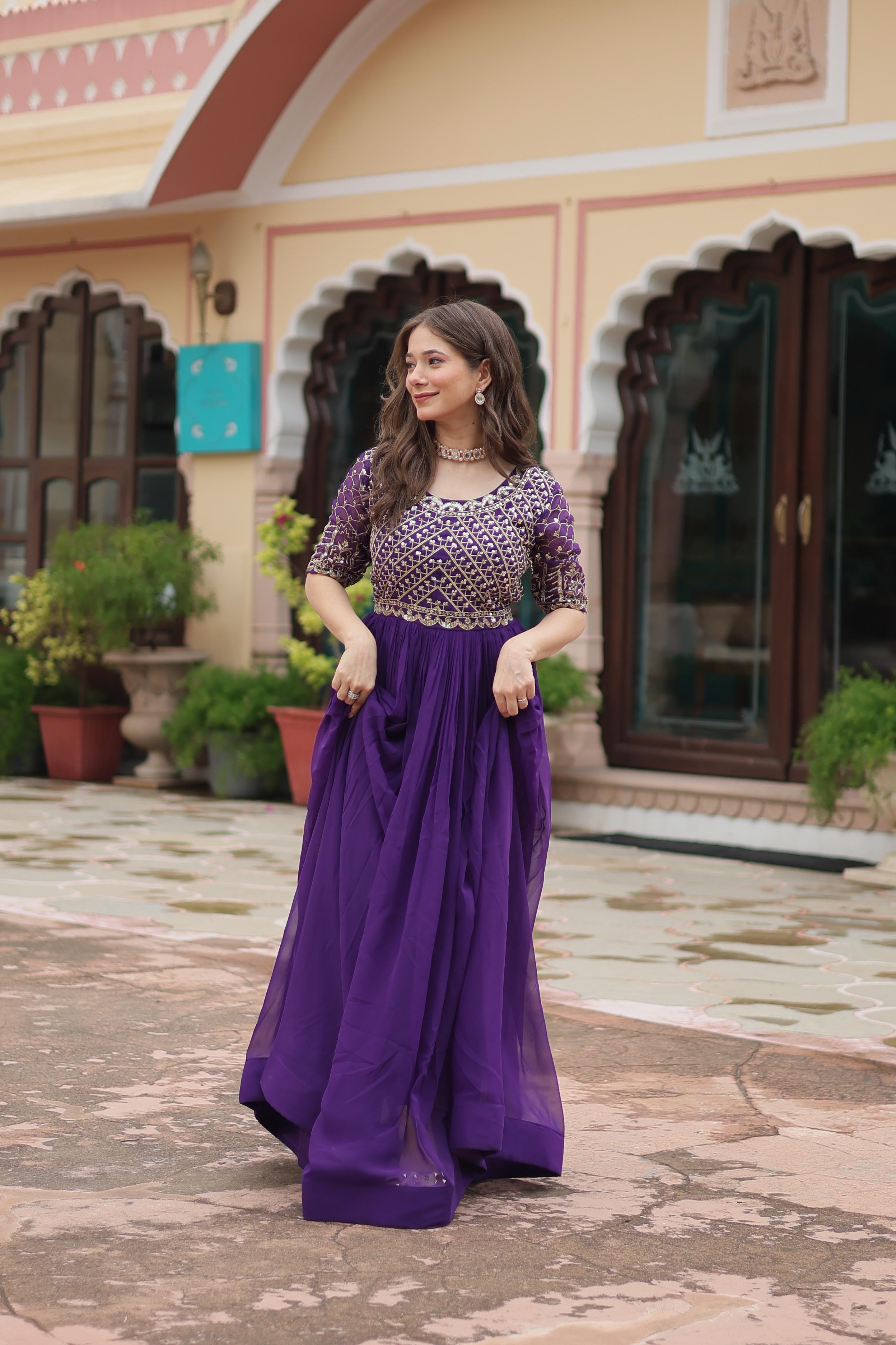 Purple Color Faux Blooming With Embroidery Zari Sequence Work Designer Gown