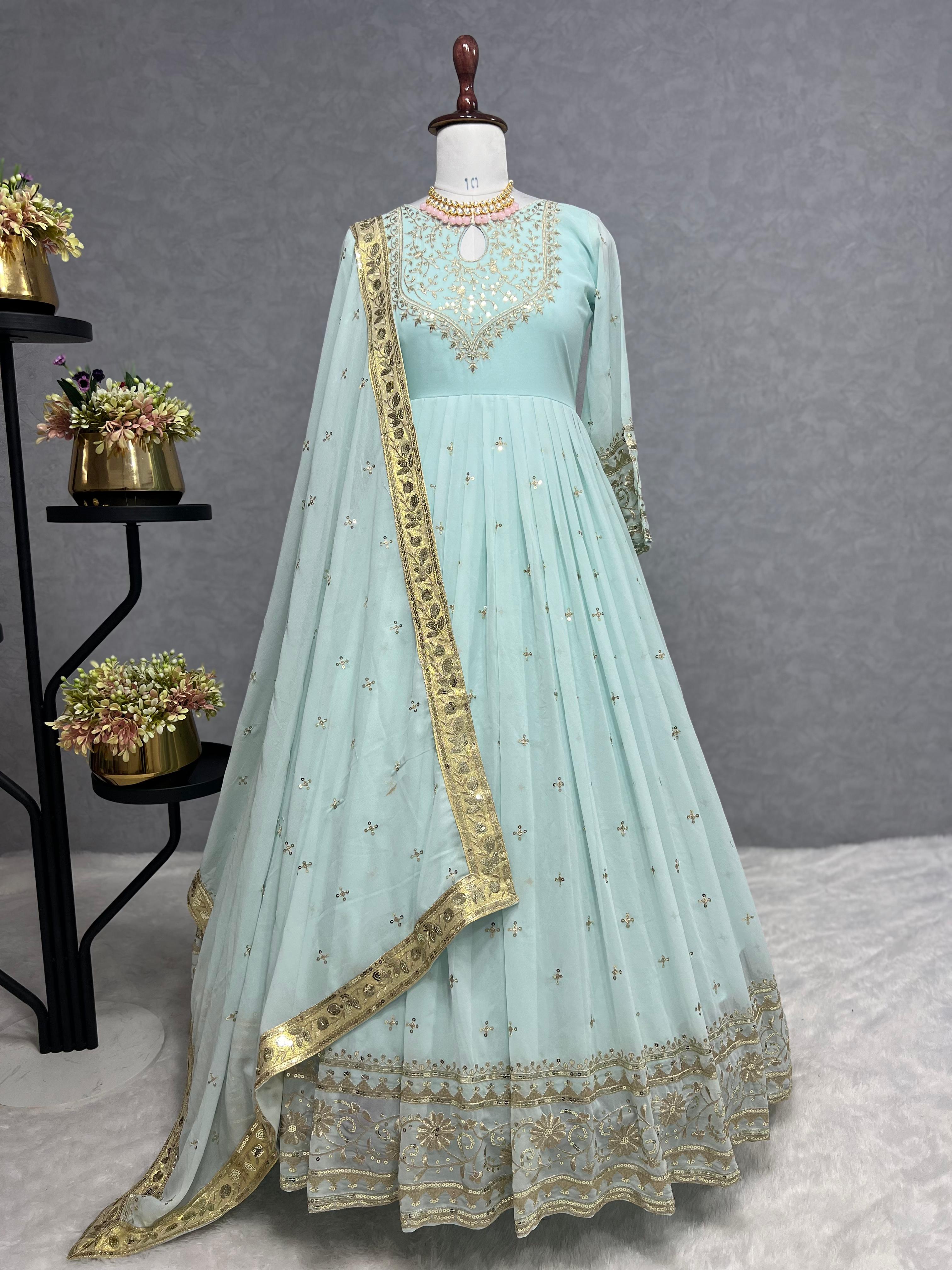 Mesmerizing Sky Blue Heavy Faux Georgette Embroidery Sequence Work Designer Gown