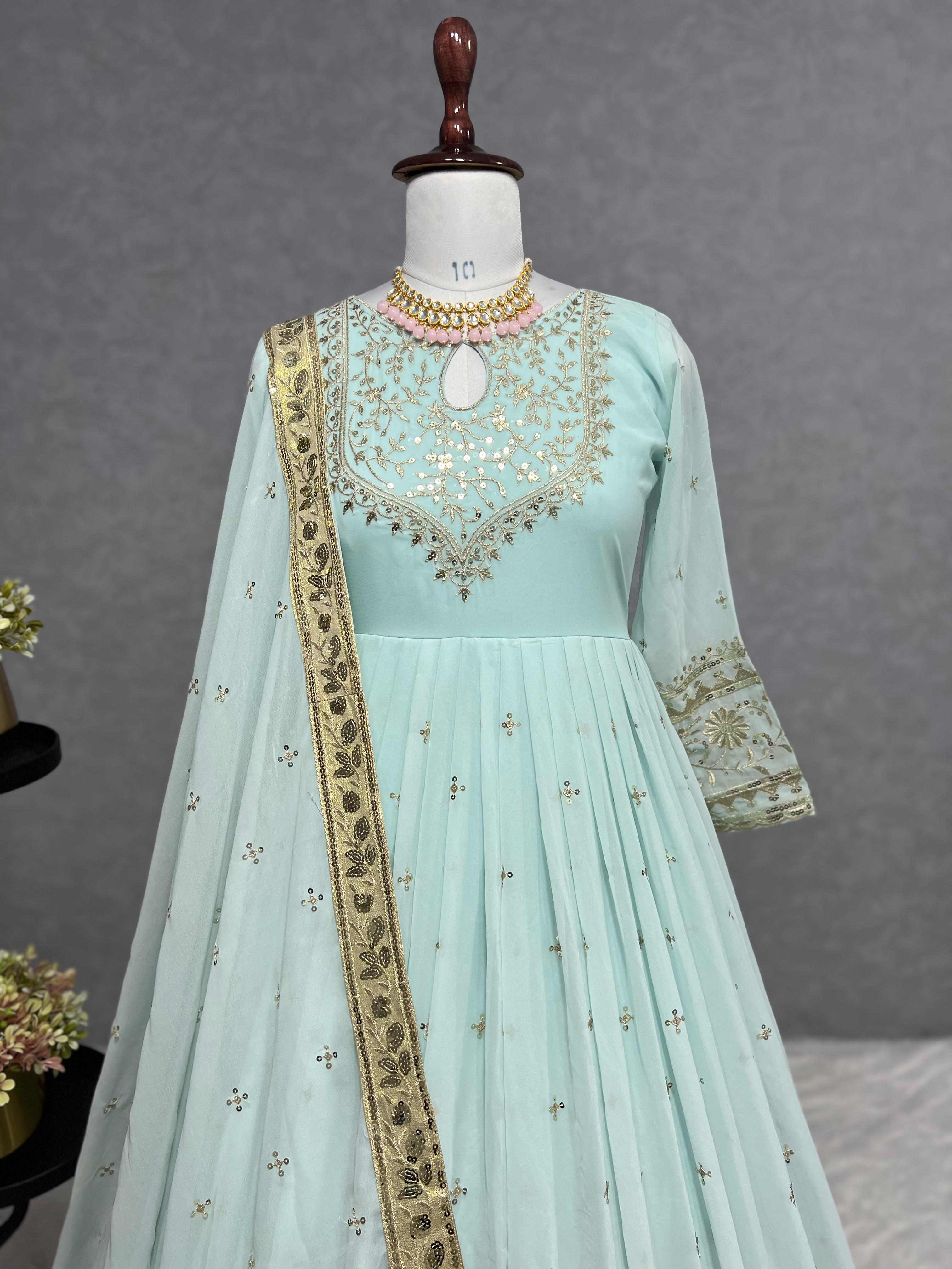 Mesmerizing Sky Blue Heavy Faux Georgette Embroidery Sequence Work Designer Gown