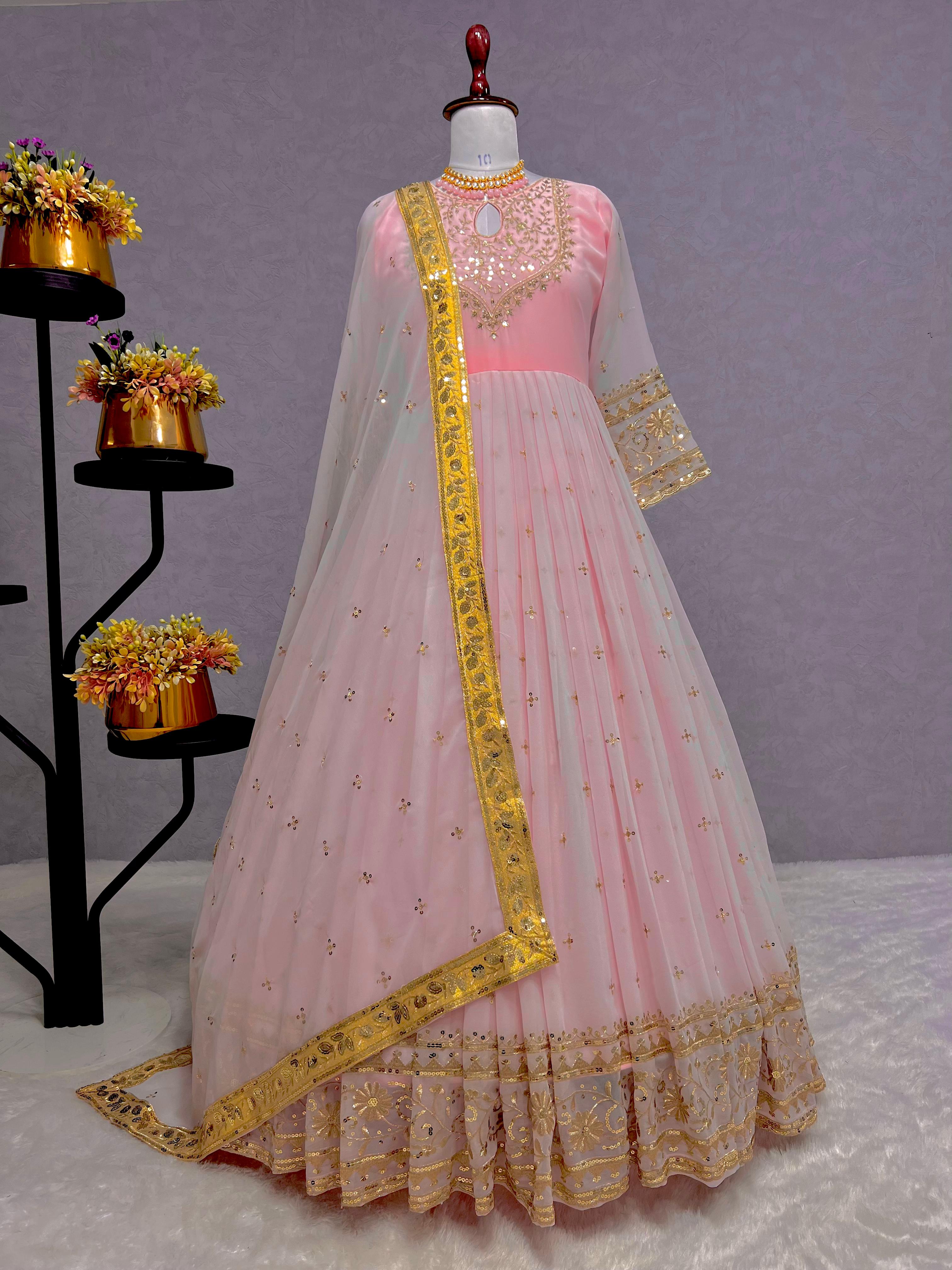 Mesmerizing Pink Heavy Faux Georgette Embroidery Sequence Work Designer Gown