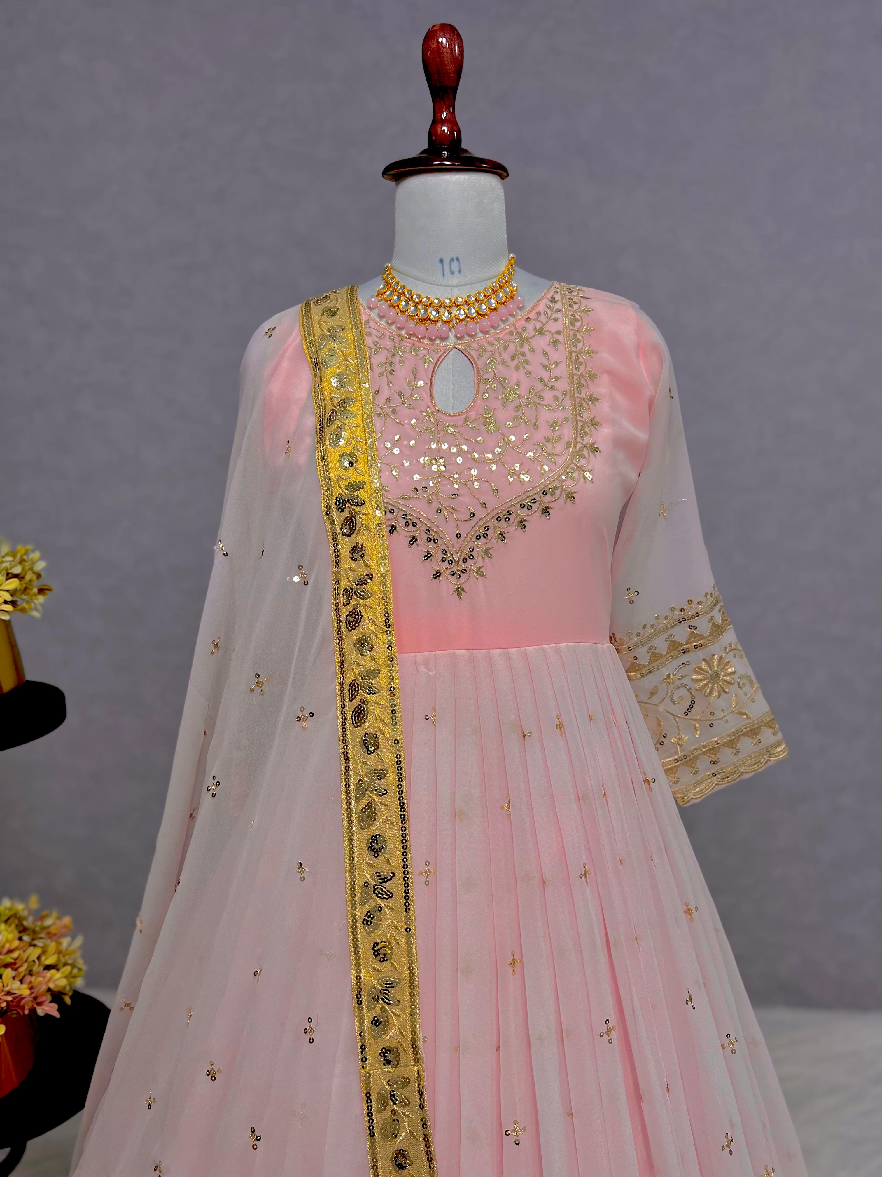 Mesmerizing Pink Heavy Faux Georgette Embroidery Sequence Work Designer Gown