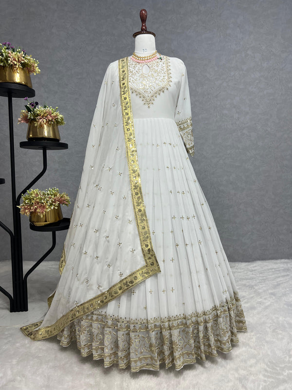 Fabulous White Color Heavy Faux Georgette Embroidery Sequence Work Designer Gown