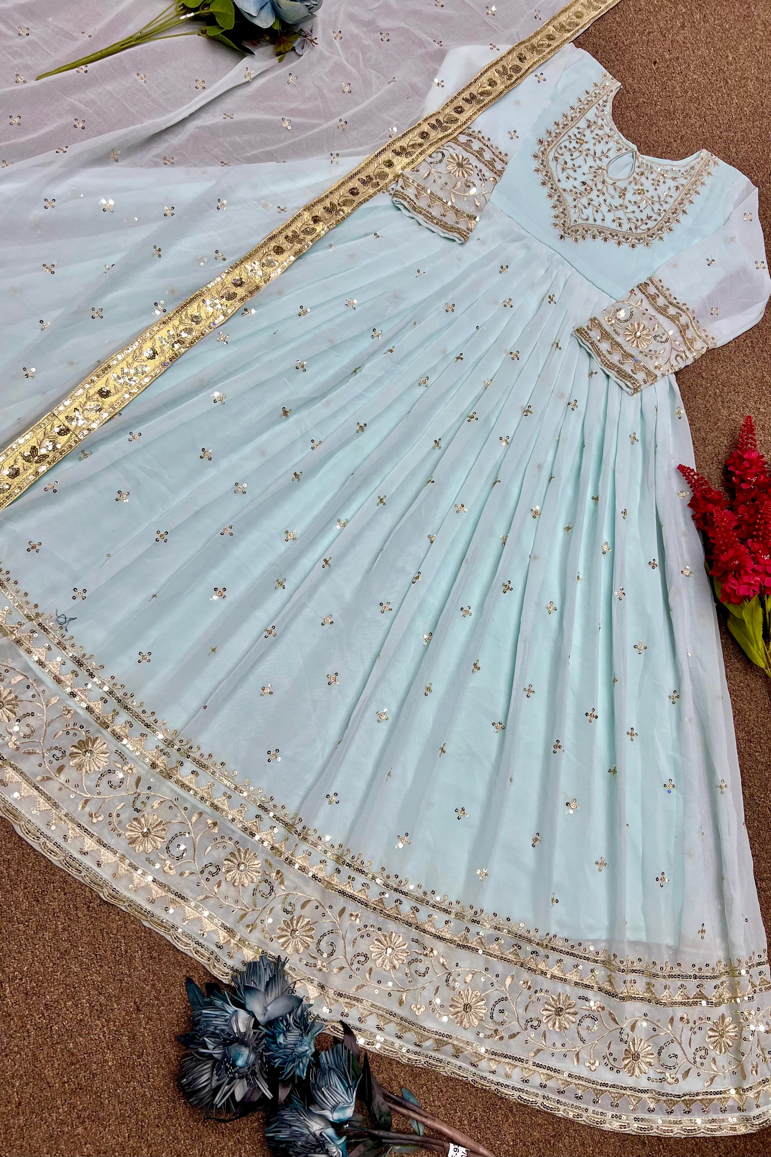 Mesmerizing Sky Blue Heavy Faux Georgette Embroidery Sequence Work Designer Gown