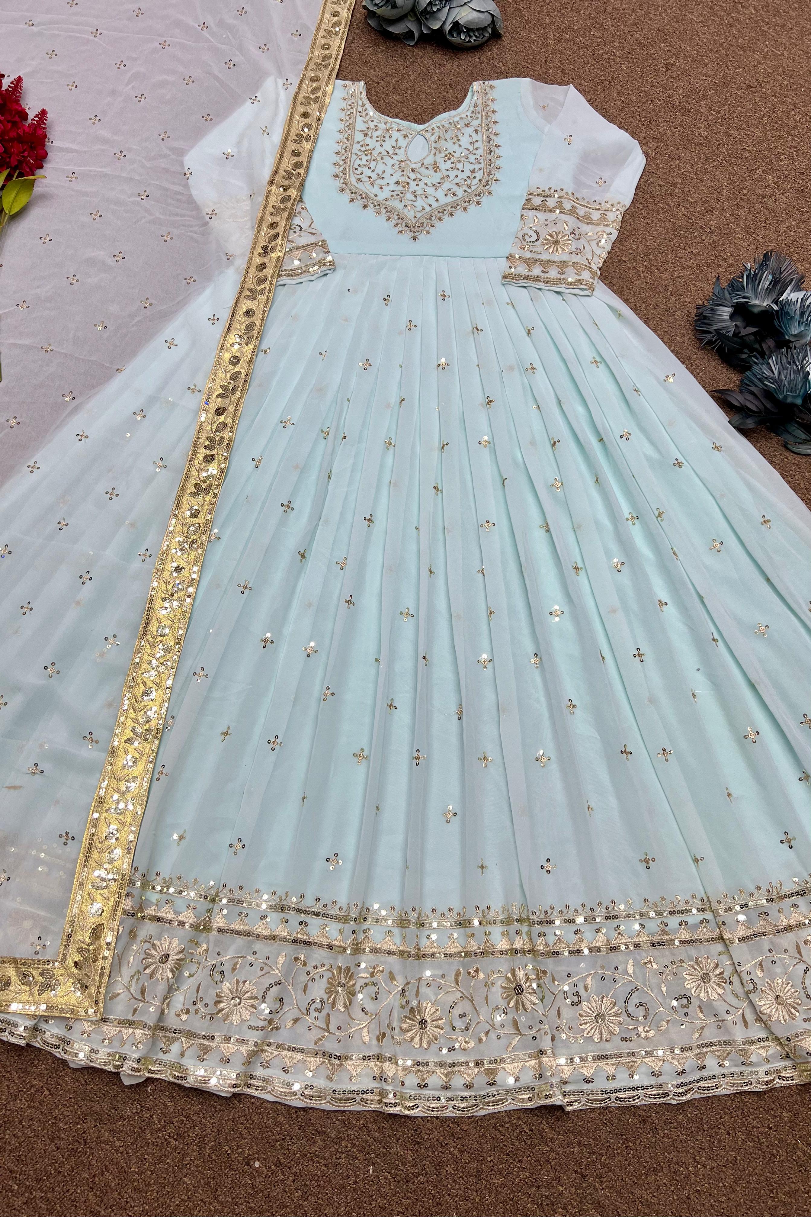 Mesmerizing Sky Blue Heavy Faux Georgette Embroidery Sequence Work Designer Gown