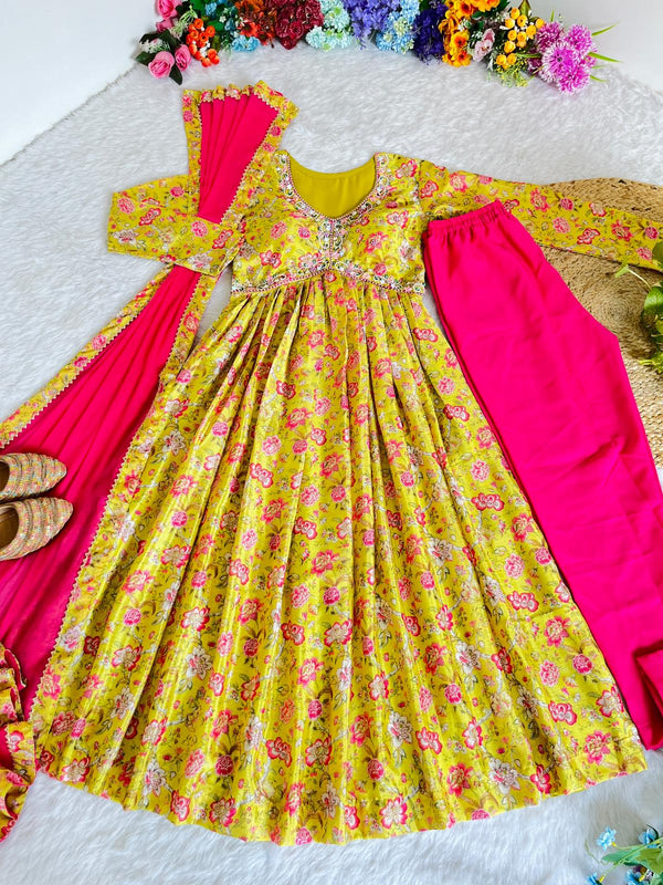 Fancy Mustard Color Chinon Soft Fabric With Stunning Digital Print Designer Anarkali Suit