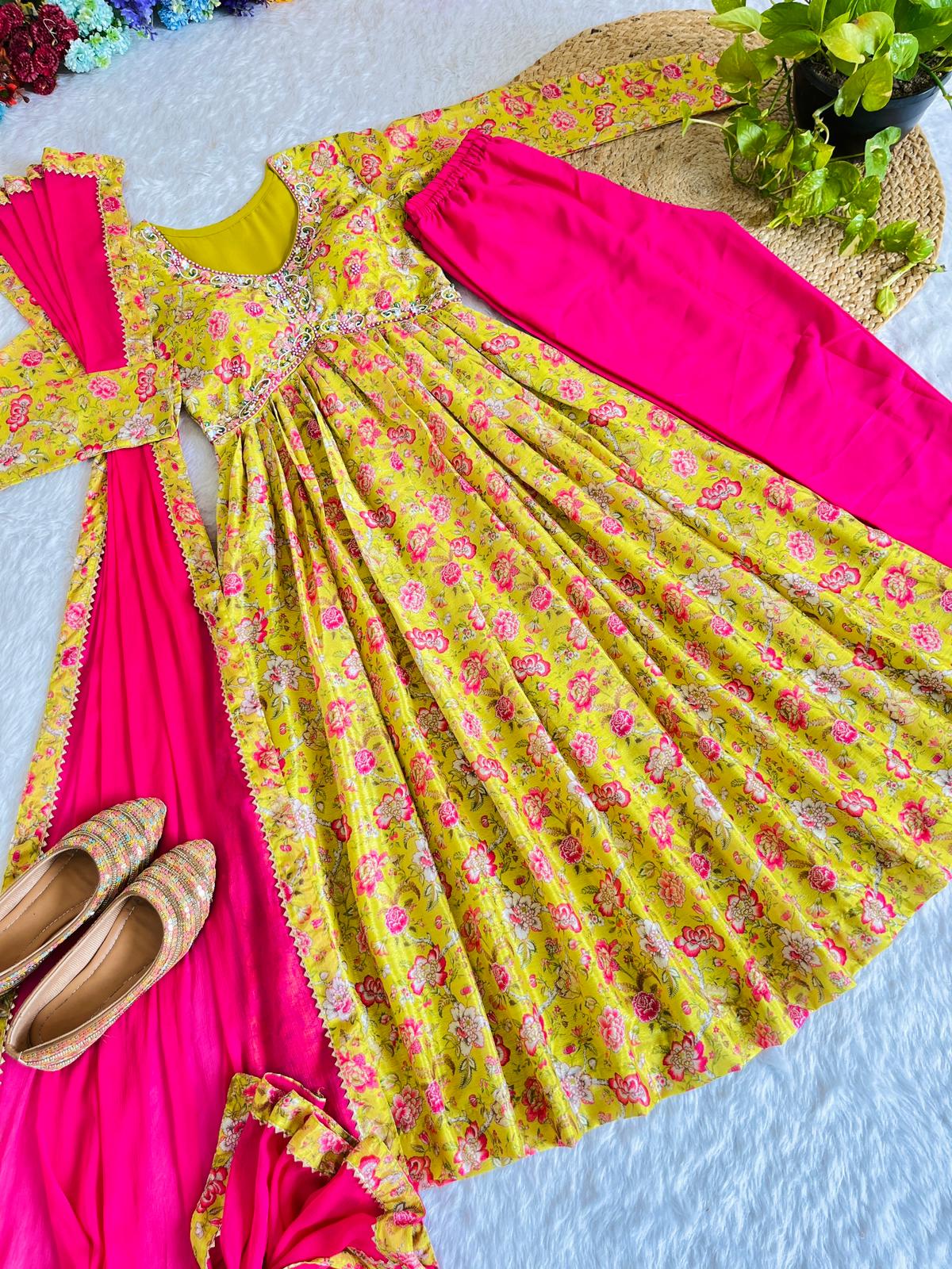 Fancy Mustard Color Chinon Soft Fabric With Stunning Digital Print Designer Anarkali Suit