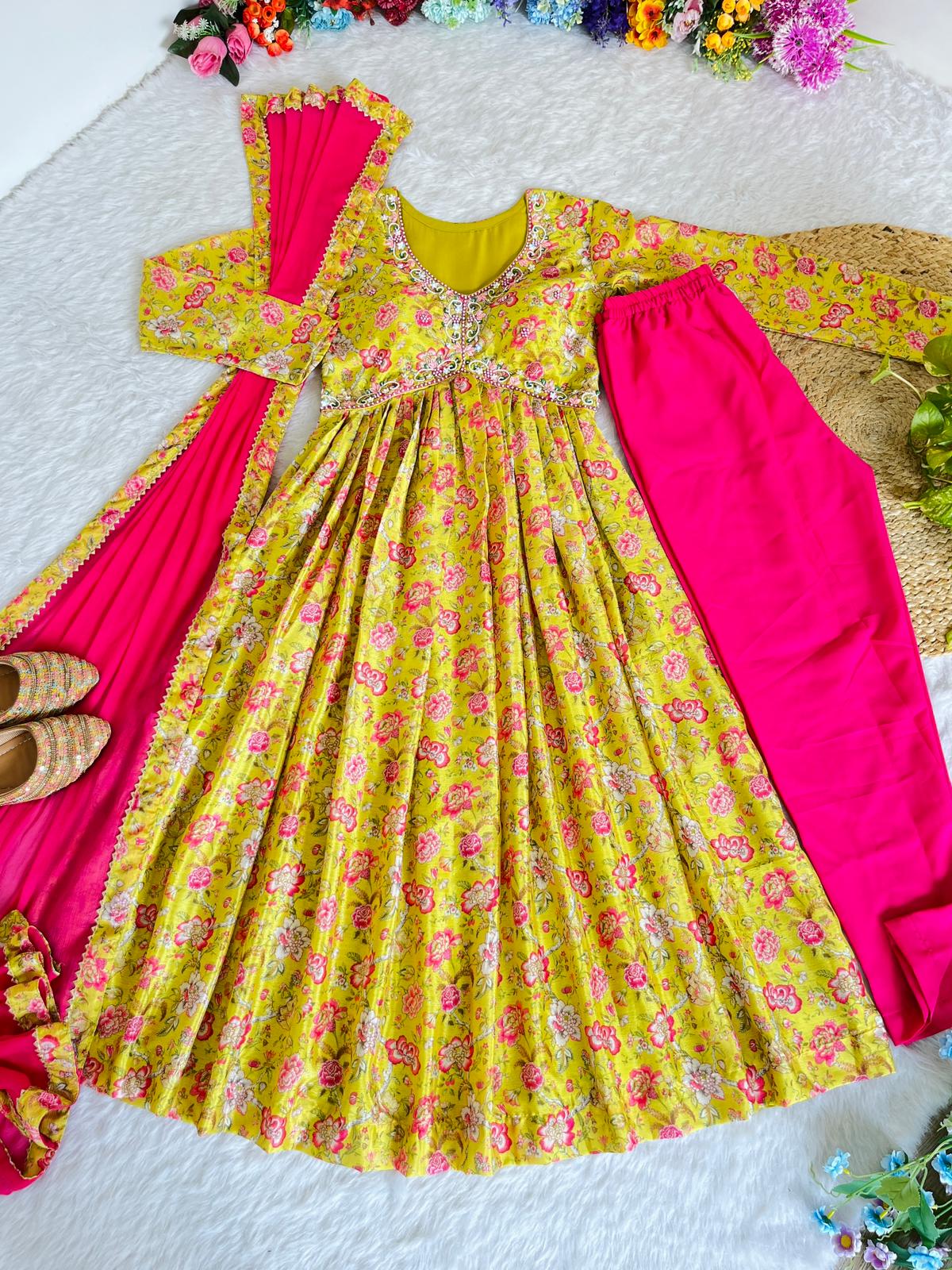 Fancy Mustard Color Chinon Soft Fabric With Stunning Digital Print Designer Anarkali Suit