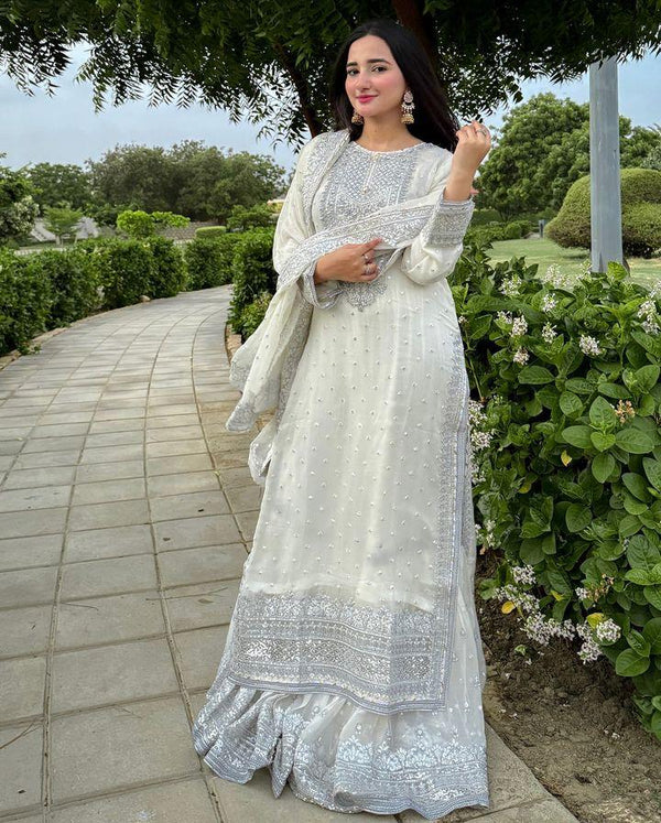 Good Looking Off White Color Foux Georgette Embroidery Sequence Work Designer Sharara Suit