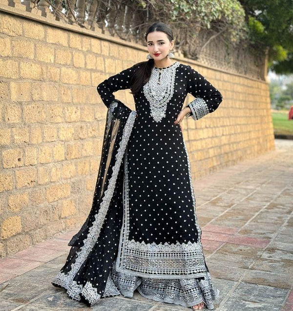 Mesmerizing Black Color Foux Georgette Embroidery Sequence Work Designer Sharara Suit