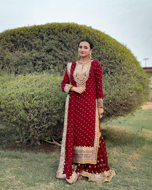 Wedding Wear Red Color Color Foux Georgette Embroidery Sequence Work Designer Sharara Suit