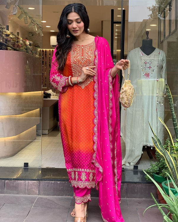 Designer Orange And Pink Color Chinon Silk Coding Sequence With Real Mirror And Digital Printed Salwar Suit