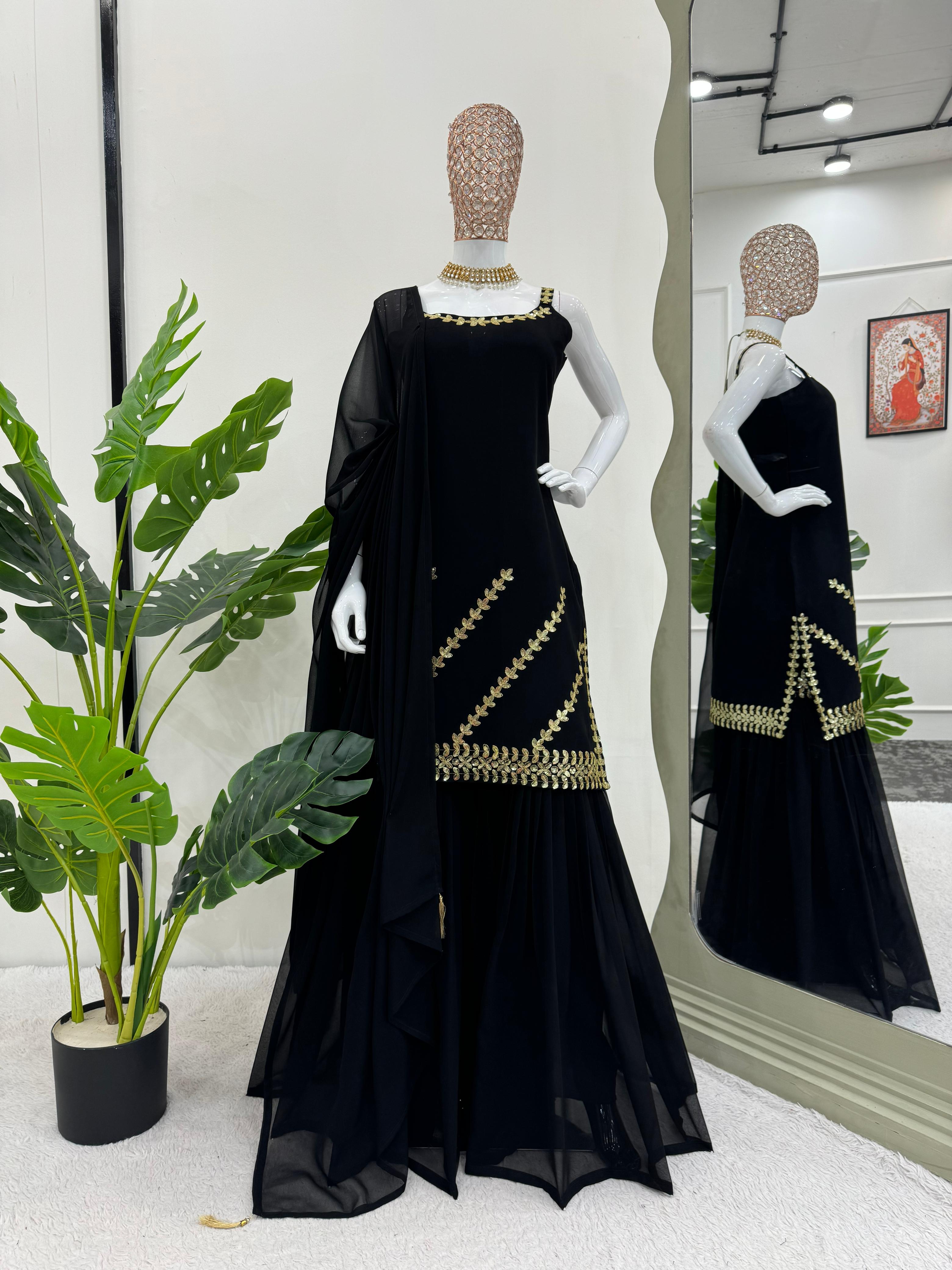 Delightful Black Color Foux Georgette Thread With Sequence Designer Sharara Suit