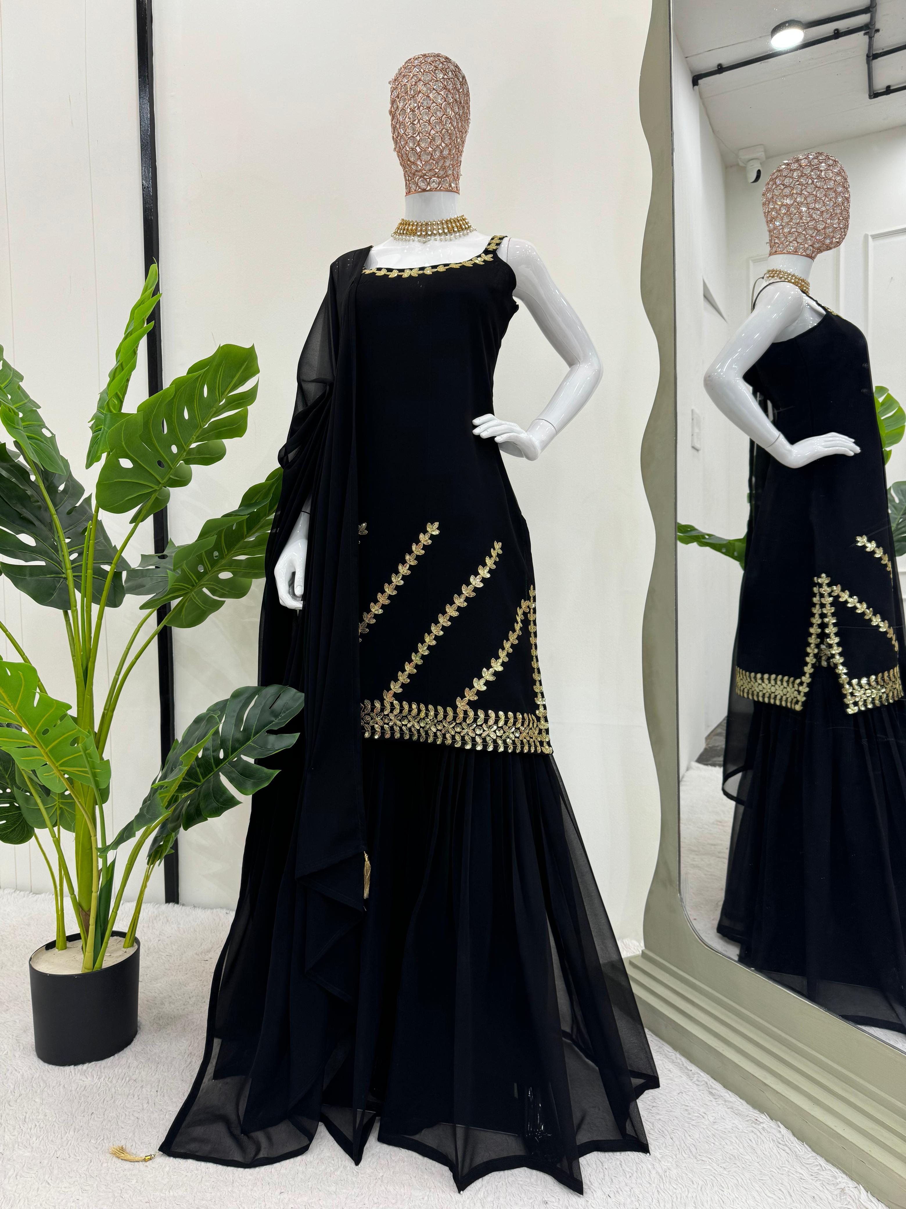 Delightful Black Color Foux Georgette Thread With Sequence Designer Sharara Suit