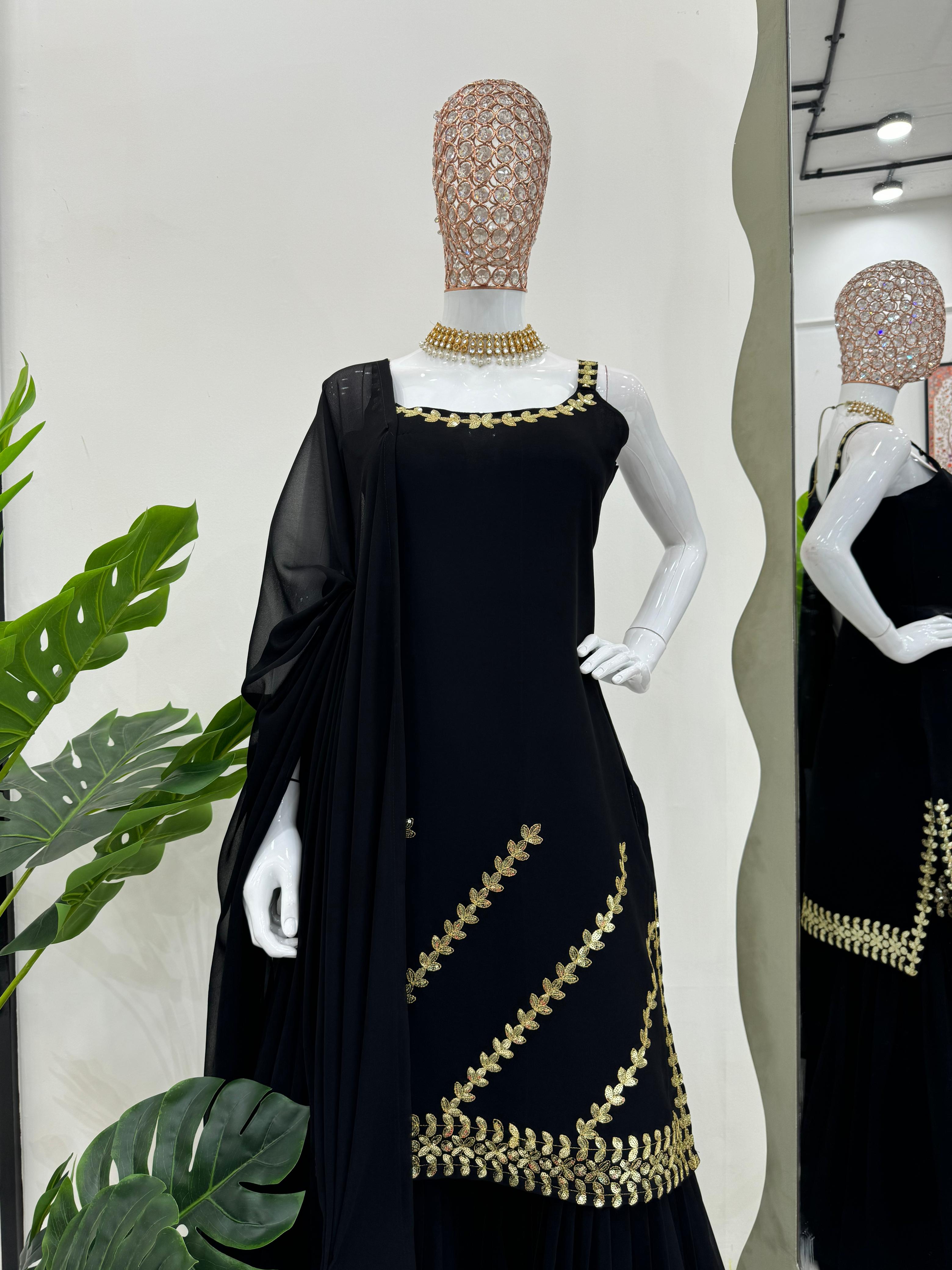 Delightful Black Color Foux Georgette Thread With Sequence Designer Sharara Suit