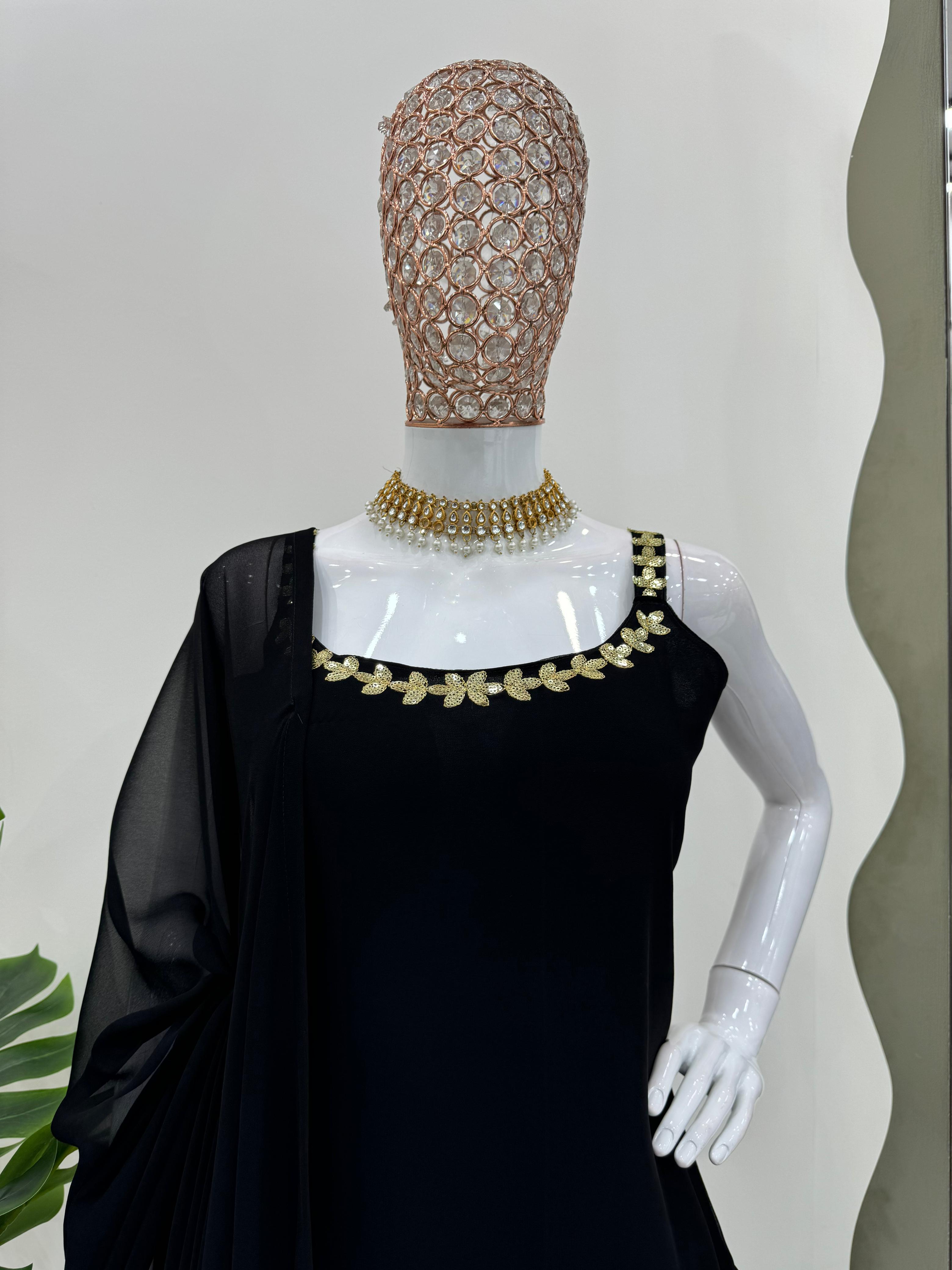 Delightful Black Color Foux Georgette Thread With Sequence Designer Sharara Suit