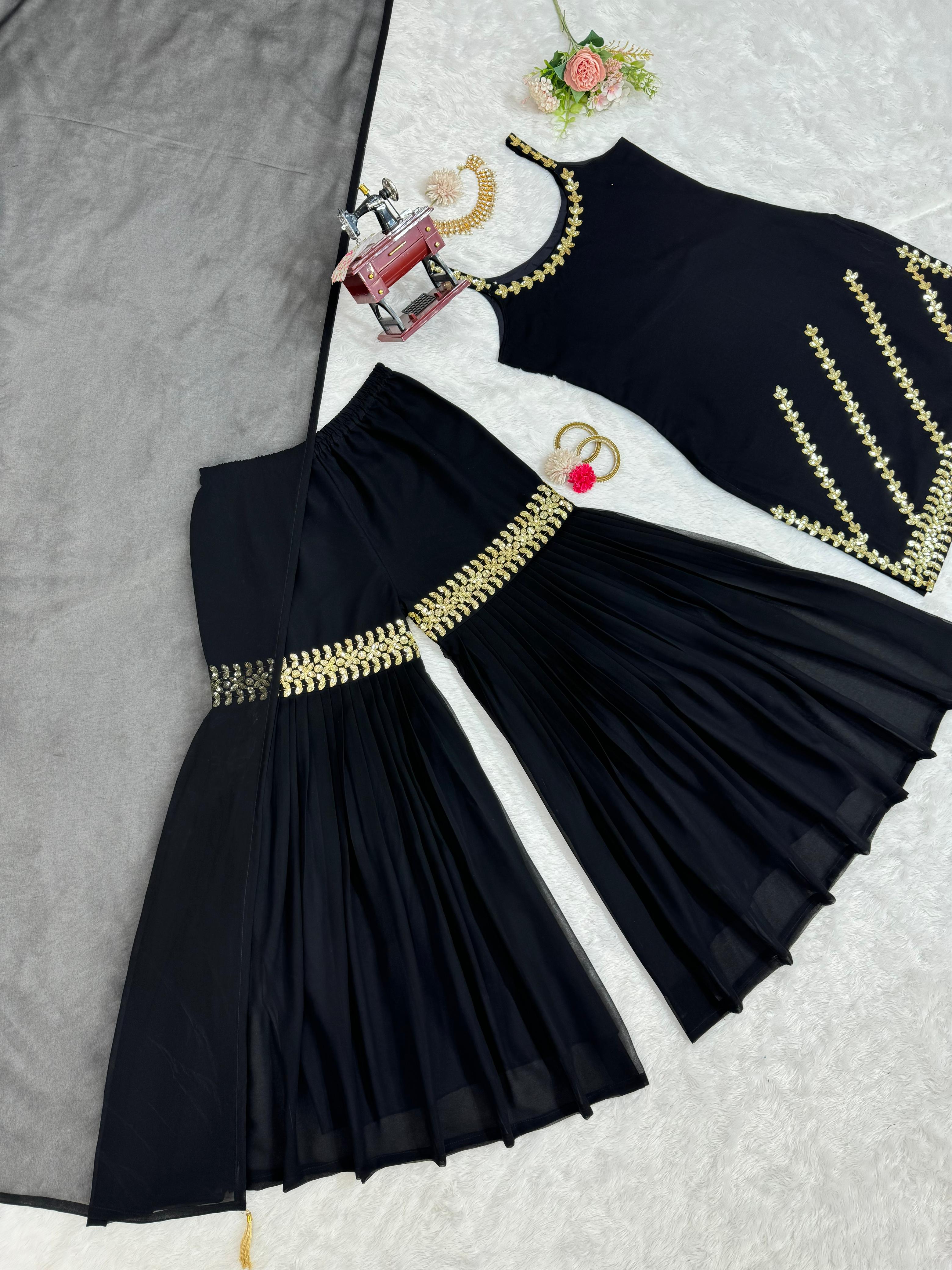 Delightful Black Color Foux Georgette Thread With Sequence Designer Sharara Suit