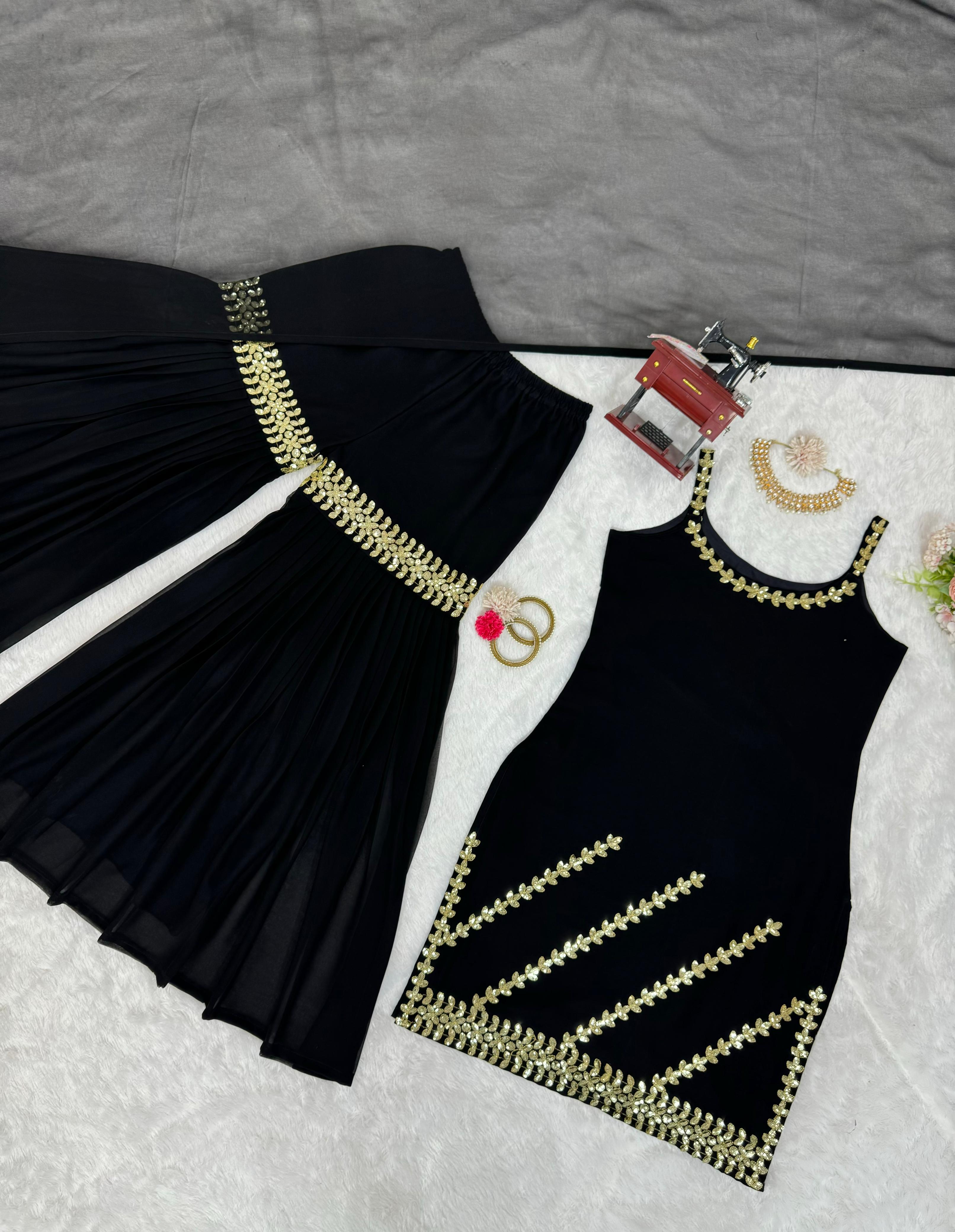 Delightful Black Color Foux Georgette Thread With Sequence Designer Sharara Suit