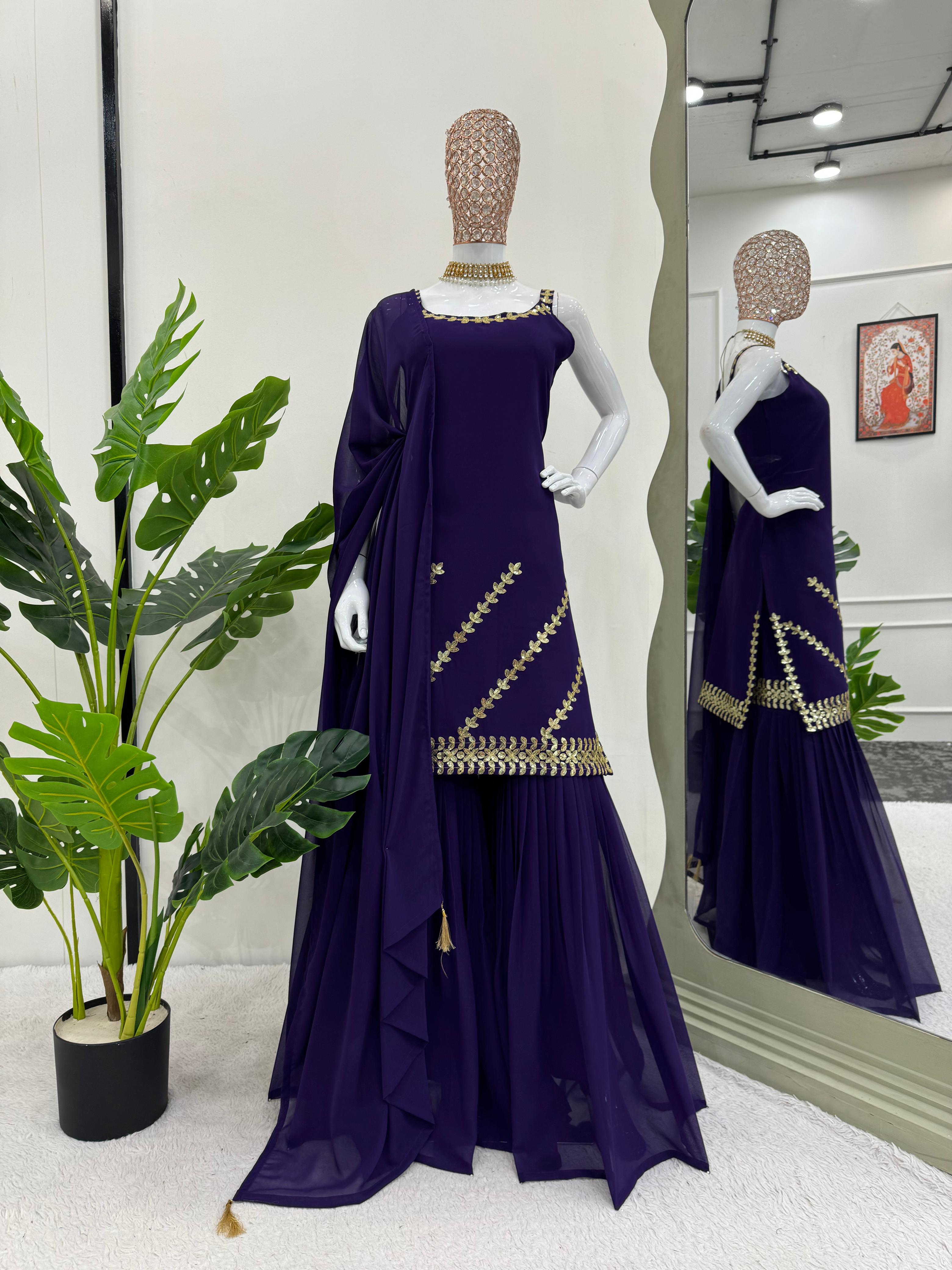 Presenting Purple Color Foux Georgette Thread With Sequence Designer Sharara Suit