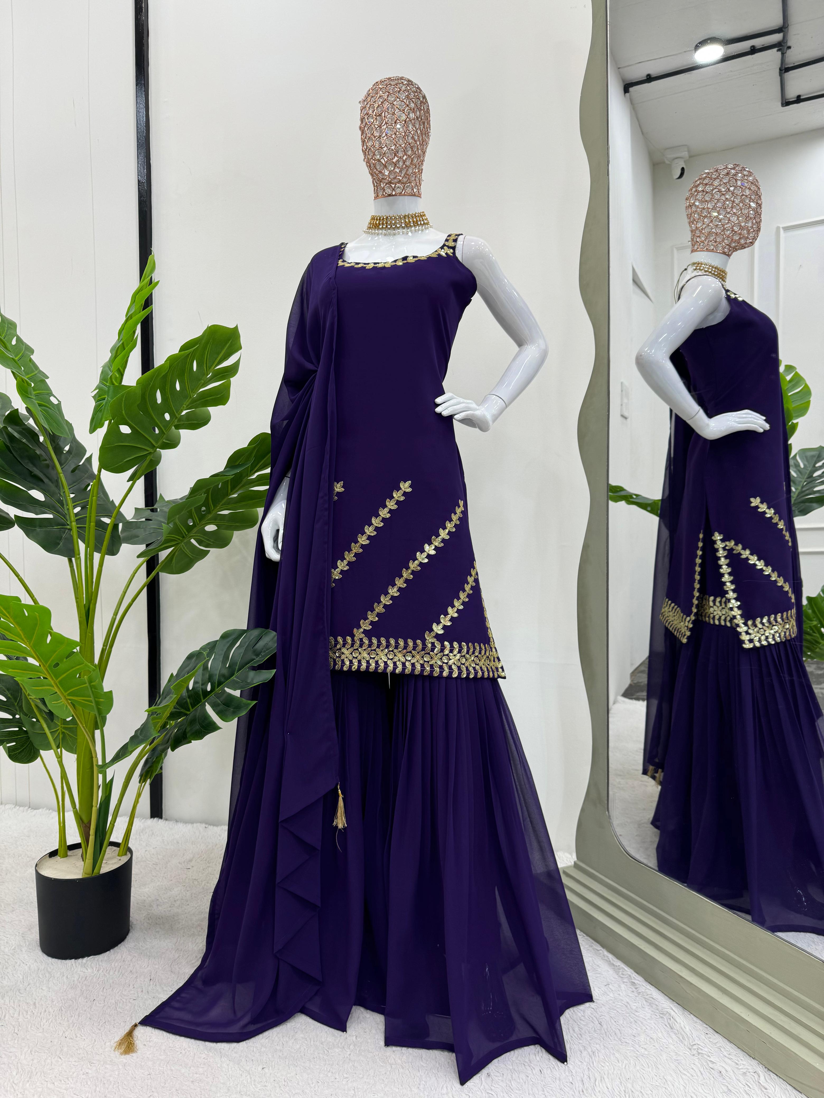 Presenting Purple Color Foux Georgette Thread With Sequence Designer Sharara Suit