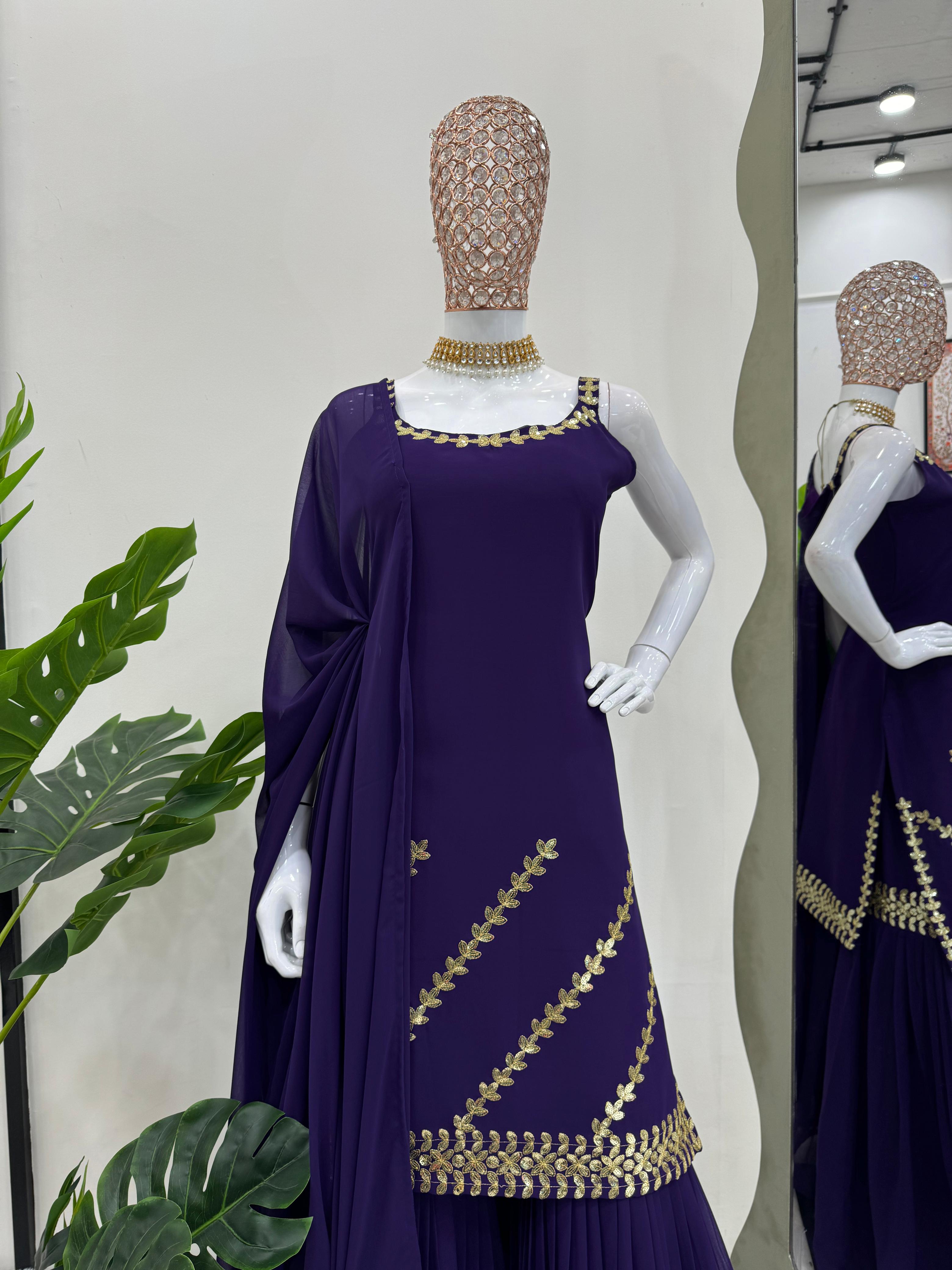 Presenting Purple Color Foux Georgette Thread With Sequence Designer Sharara Suit