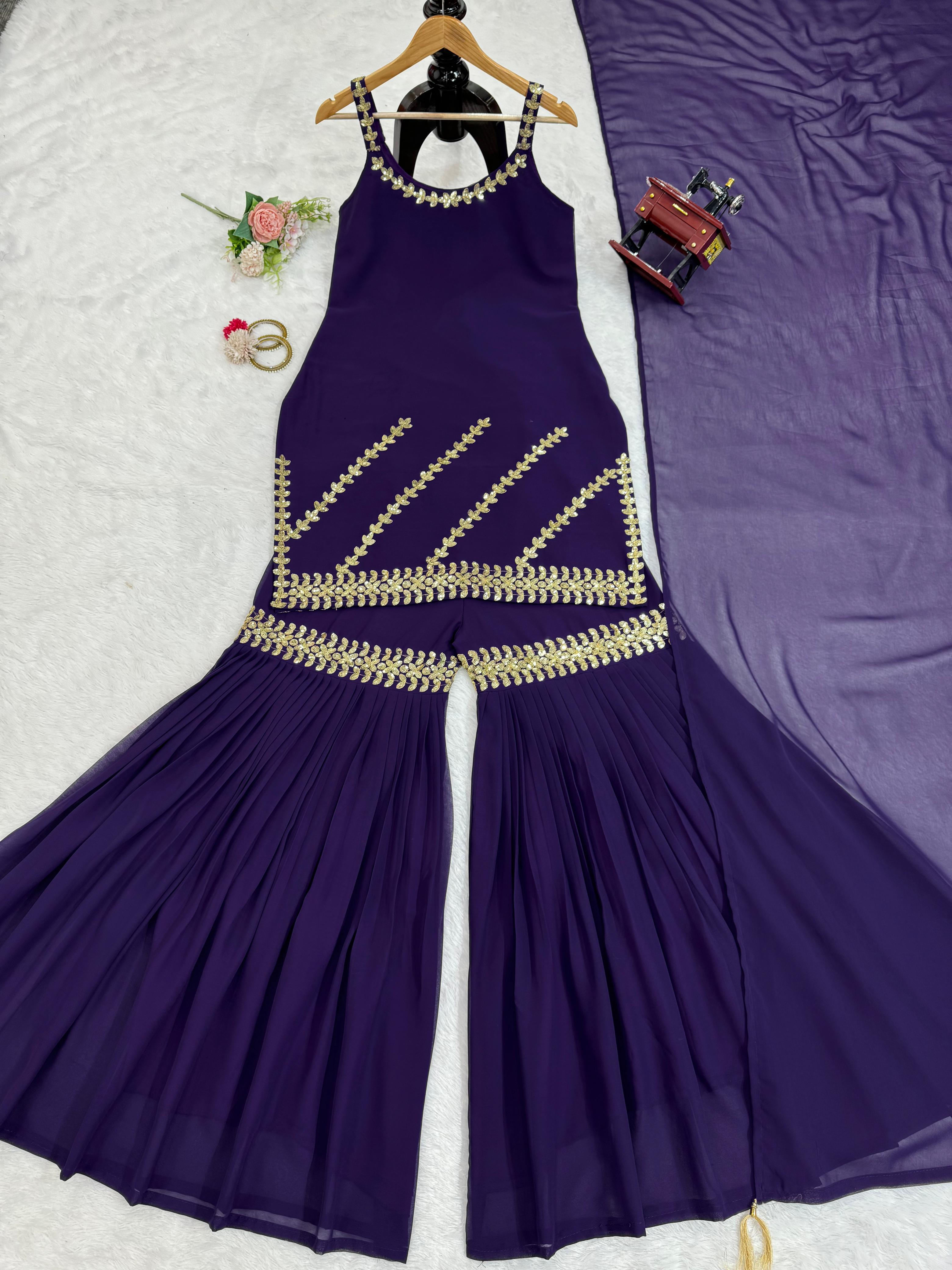 Presenting Purple Color Foux Georgette Thread With Sequence Designer Sharara Suit