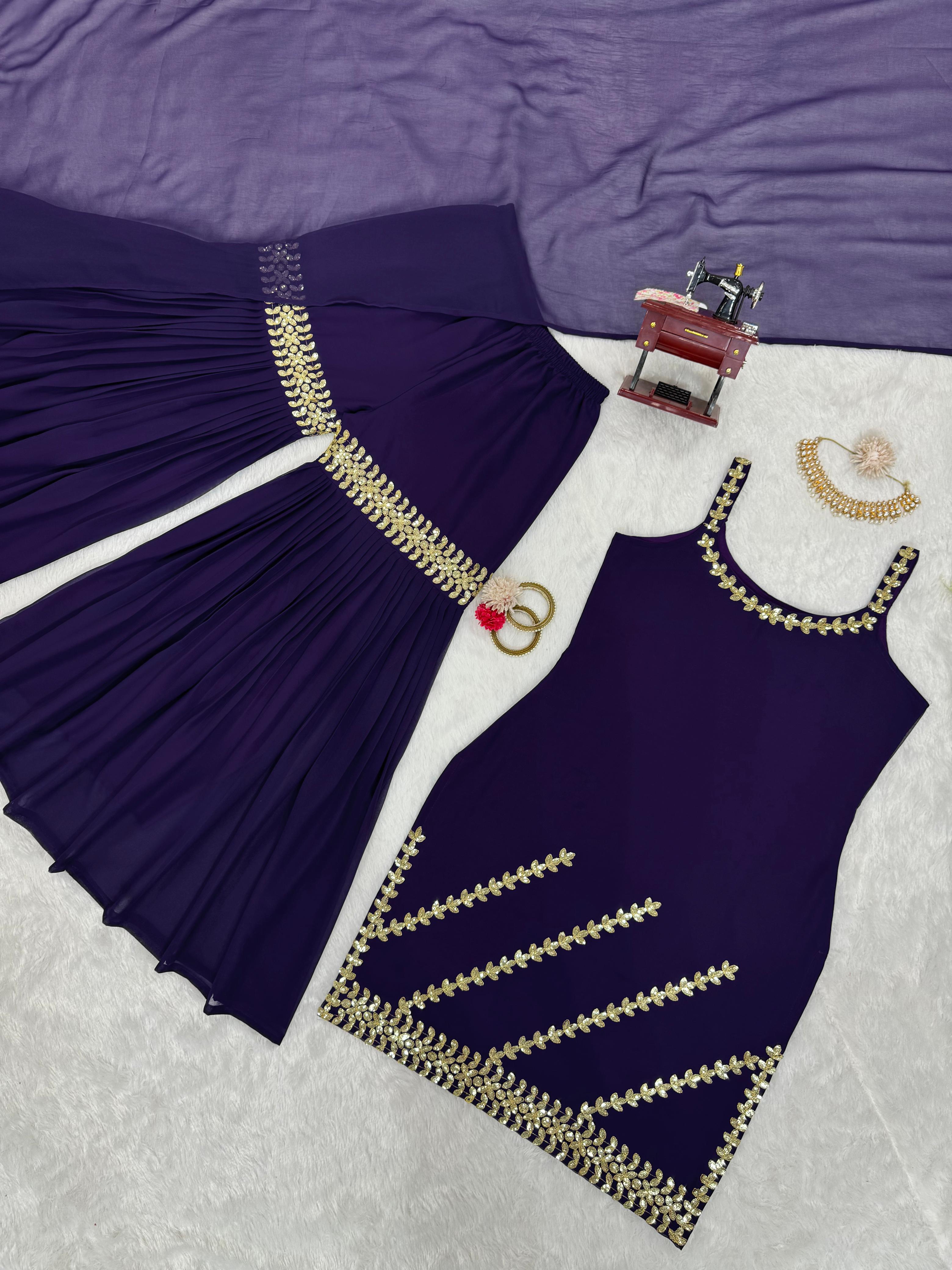 Presenting Purple Color Foux Georgette Thread With Sequence Designer Sharara Suit