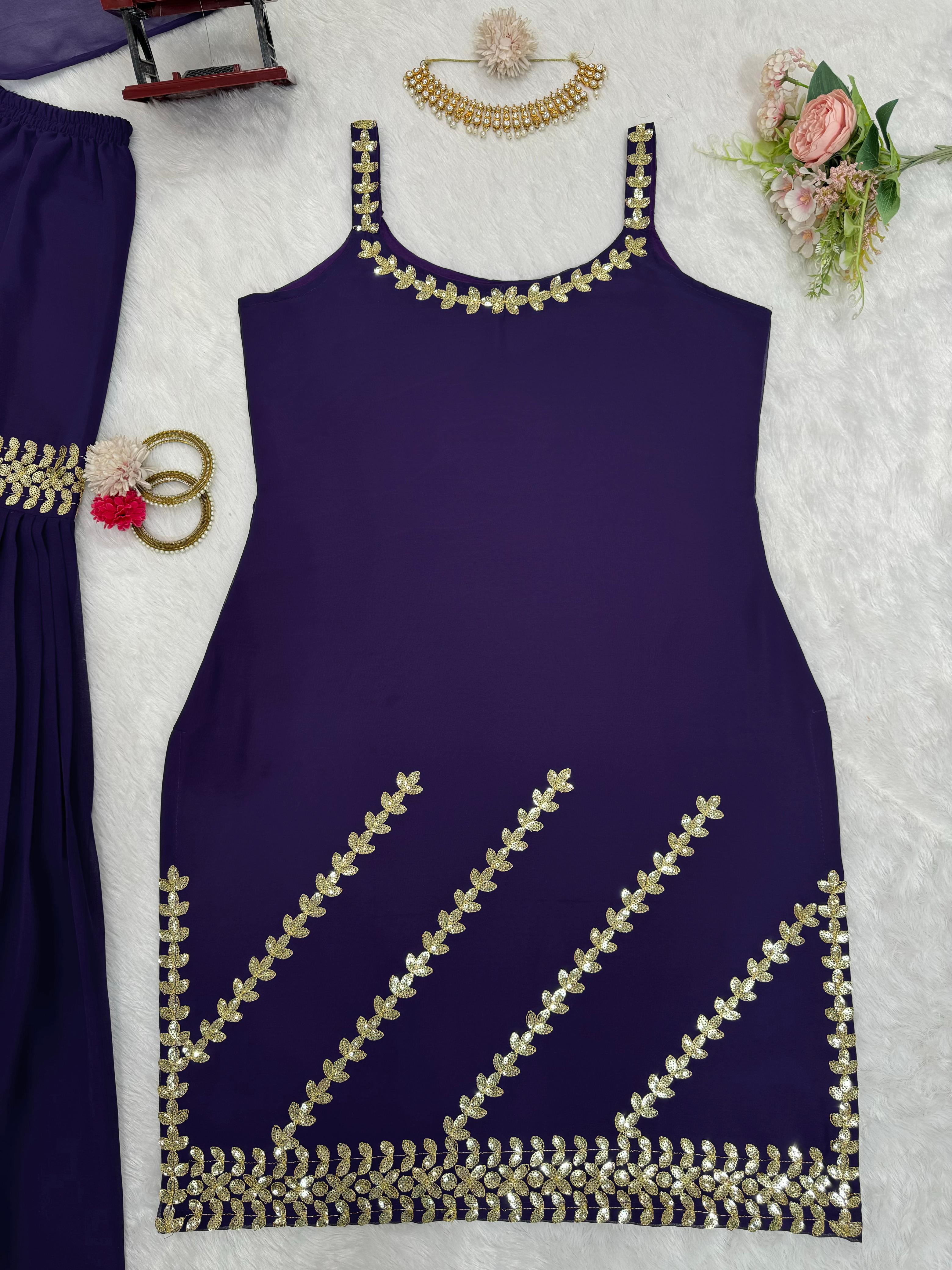 Presenting Purple Color Foux Georgette Thread With Sequence Designer Sharara Suit