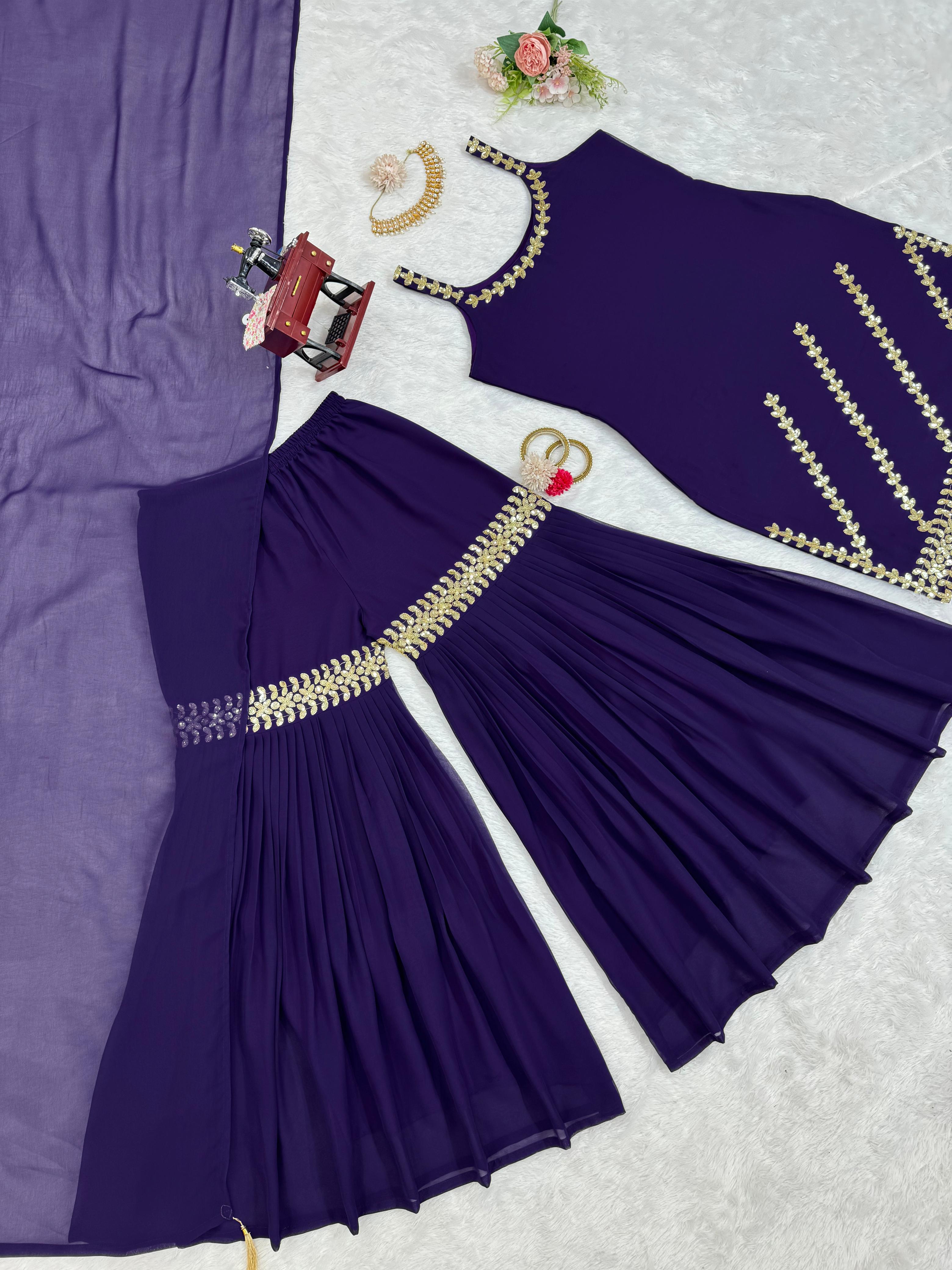 Presenting Purple Color Foux Georgette Thread With Sequence Designer Sharara Suit