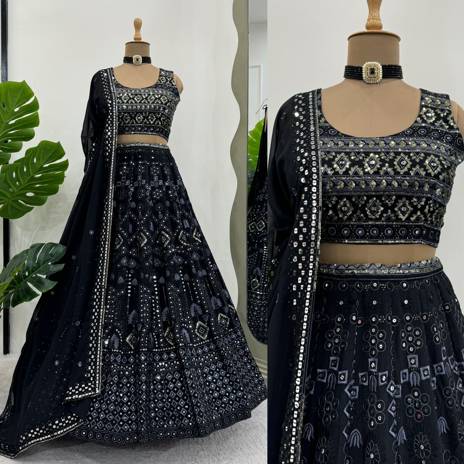 Marriage Special Black Color Foux Georgette 9mm Sequence With Thread Bridal Wear Lehenga Choli