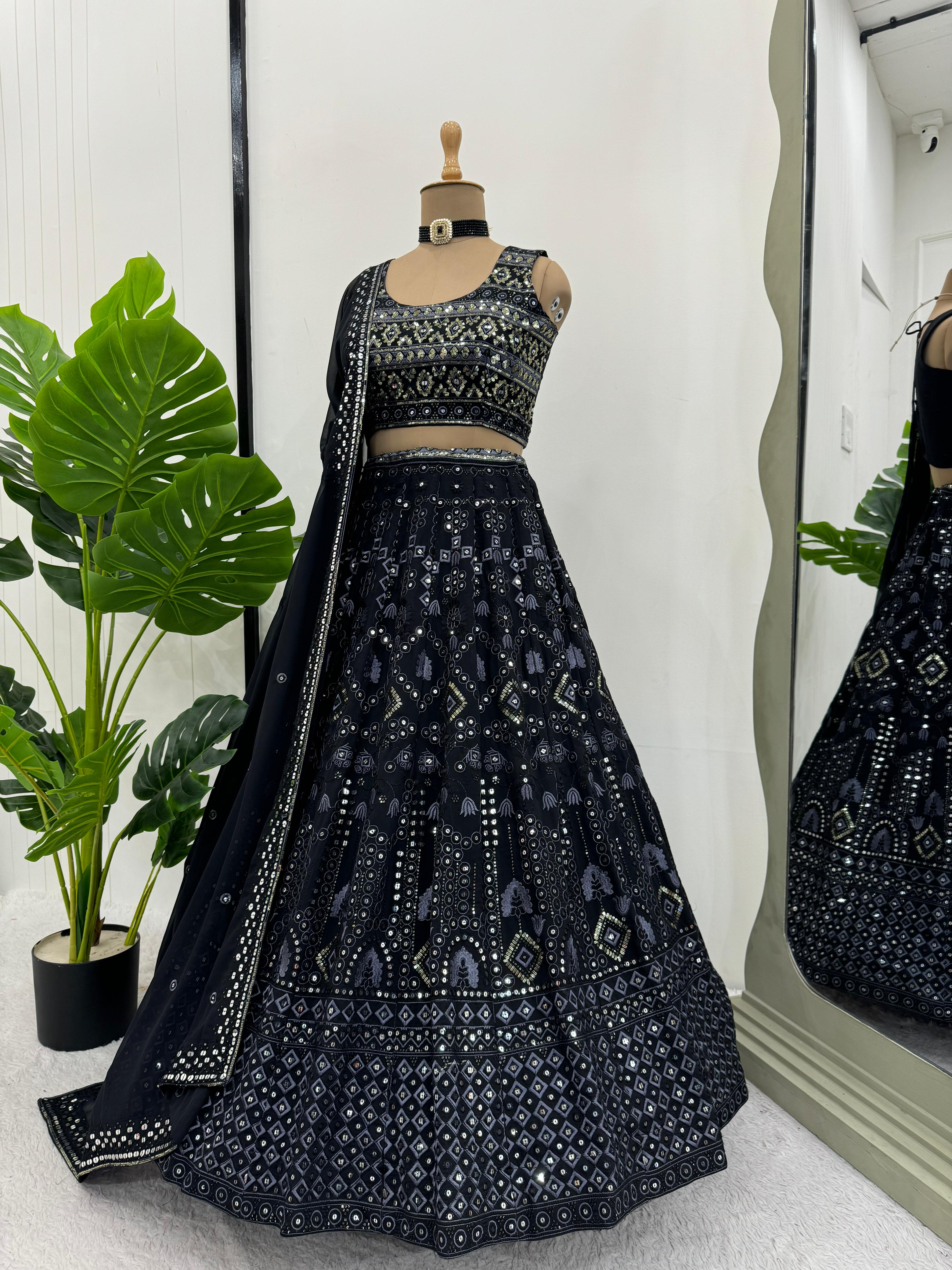 Marriage Special Black Color Foux Georgette 9mm Sequence With Thread Bridal Wear Lehenga Choli