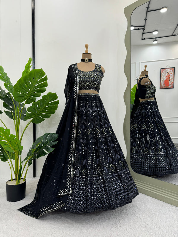 Marriage Special Black Color Foux Georgette 9mm Sequence With Thread Bridal Wear Lehenga Choli