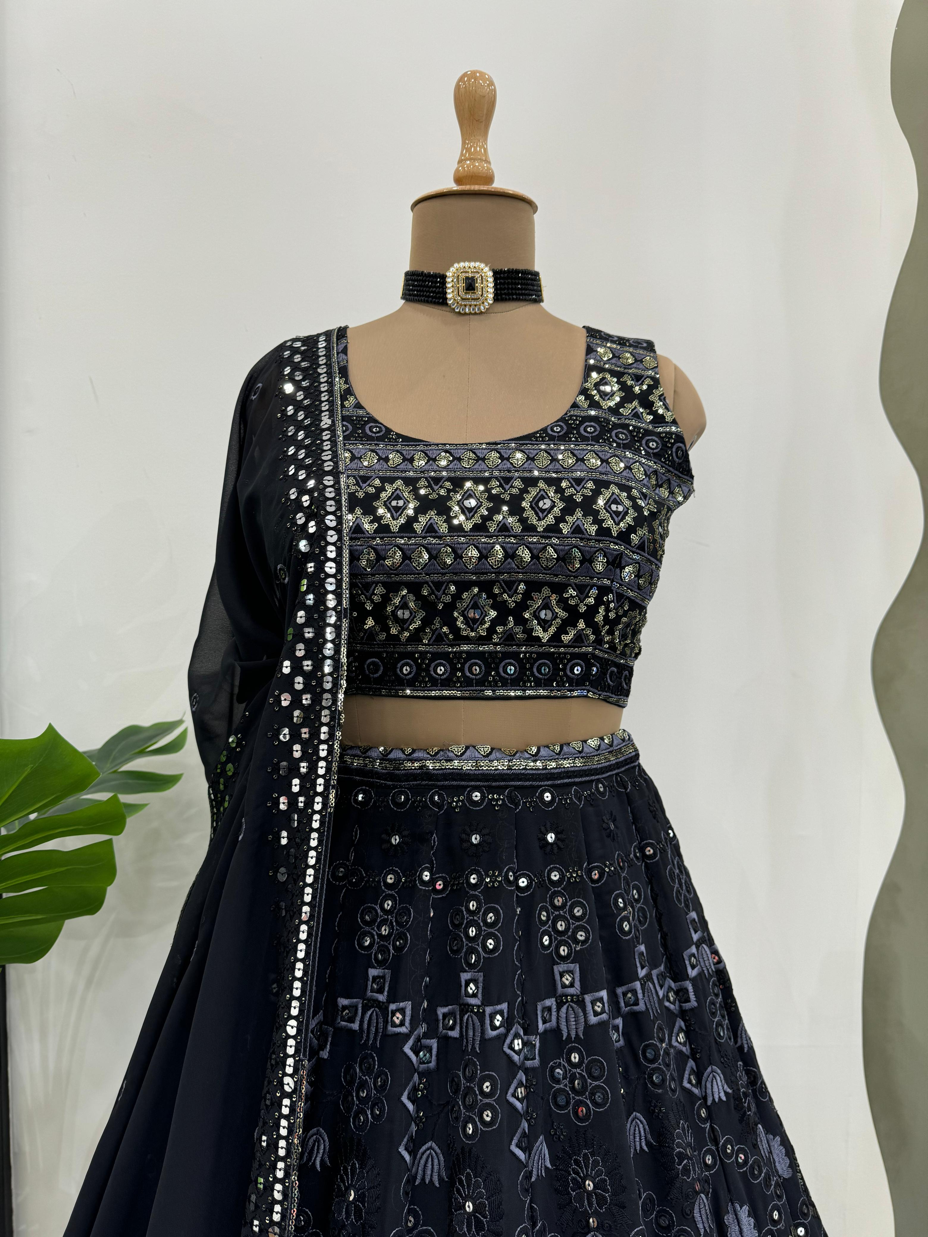 Marriage Special Black Color Foux Georgette 9mm Sequence With Thread Bridal Wear Lehenga Choli