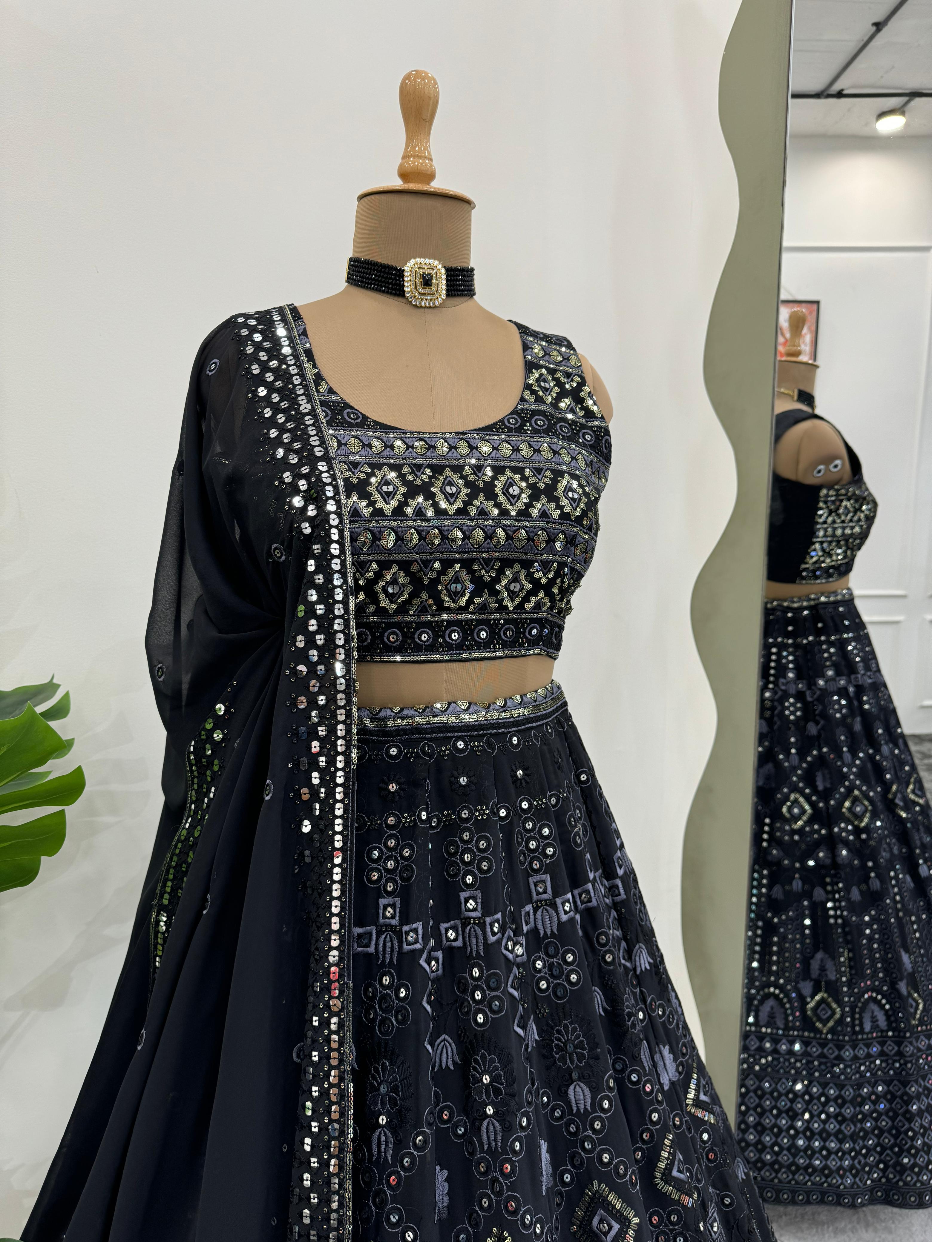 Marriage Special Black Color Foux Georgette 9mm Sequence With Thread Bridal Wear Lehenga Choli